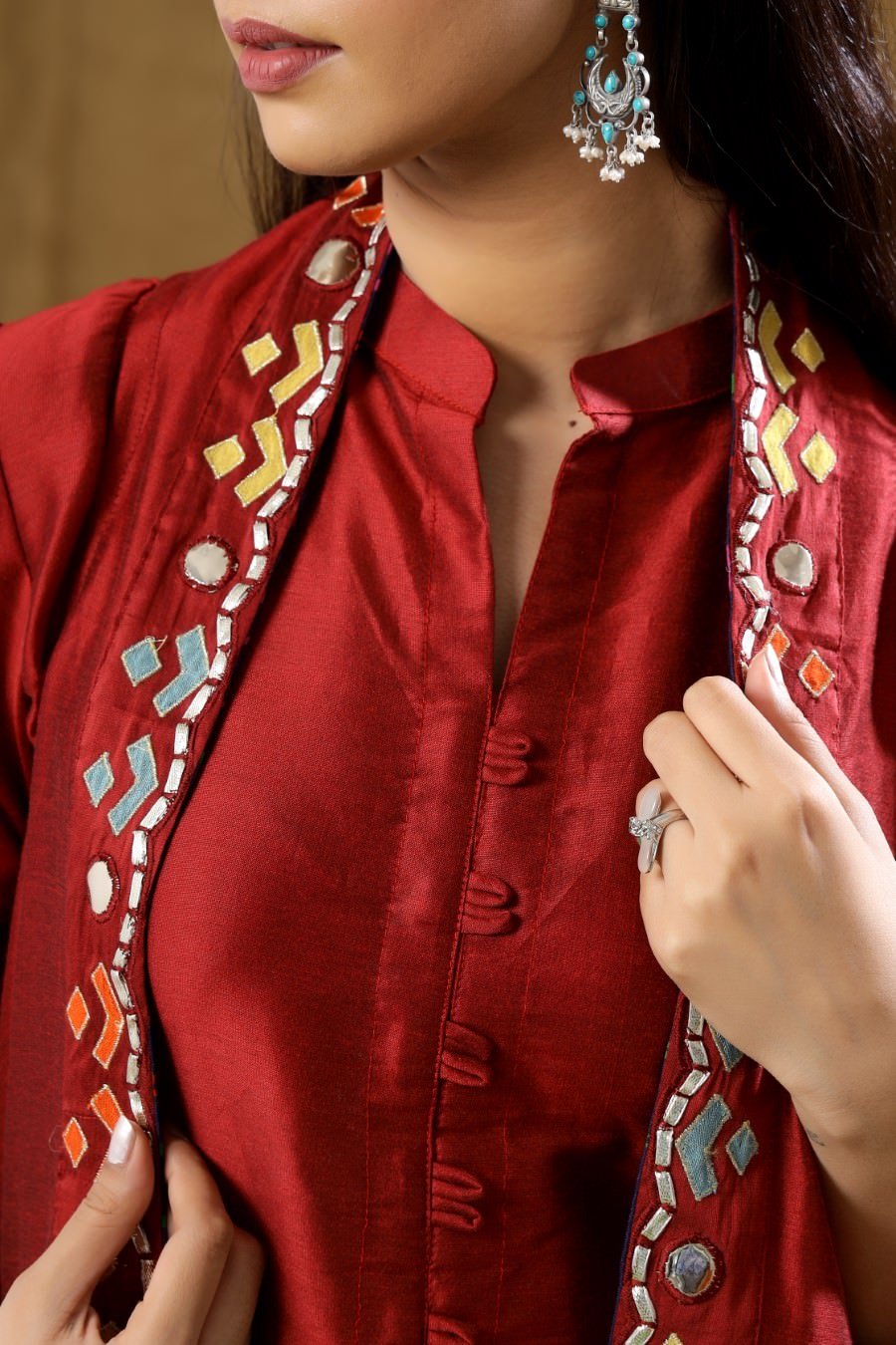 Maroon Dola Silk Kurta Pant And Jacket Set