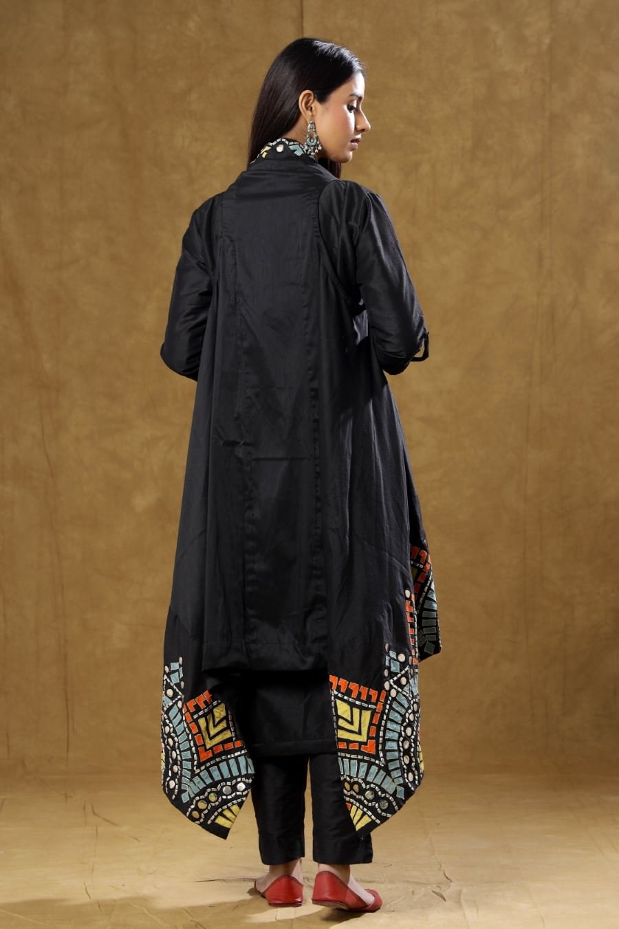 Black Dola Silk Kurta Pant And Jacket Set