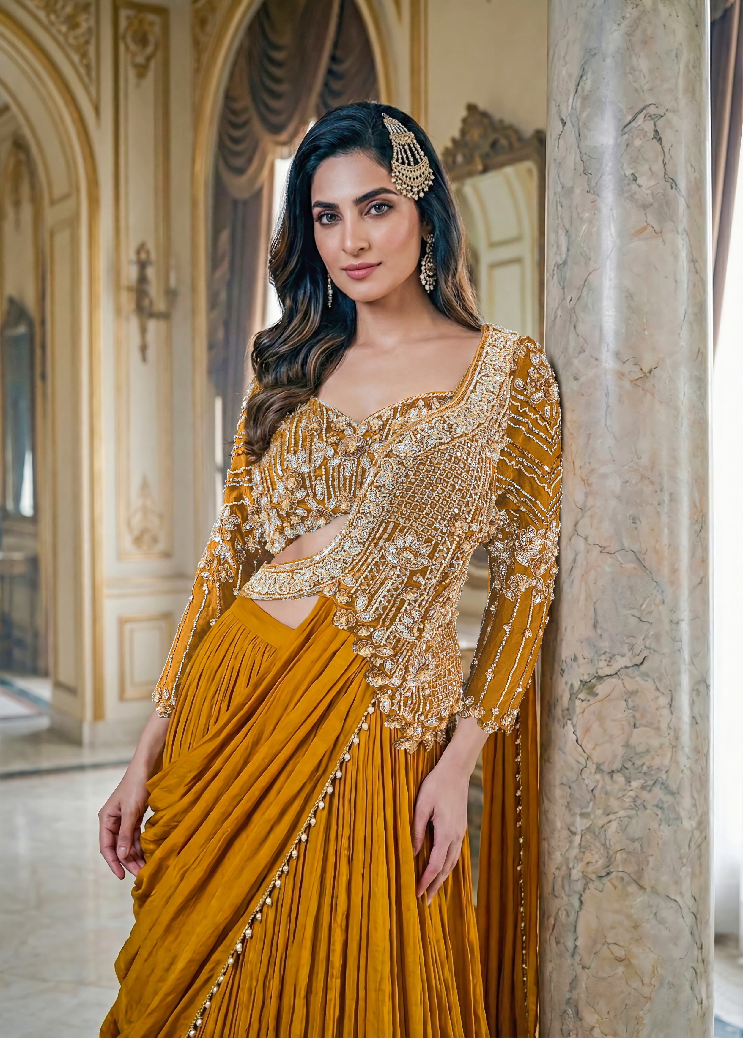Caramel Brown Embellished Crepe Silk Cape Lehenga Set