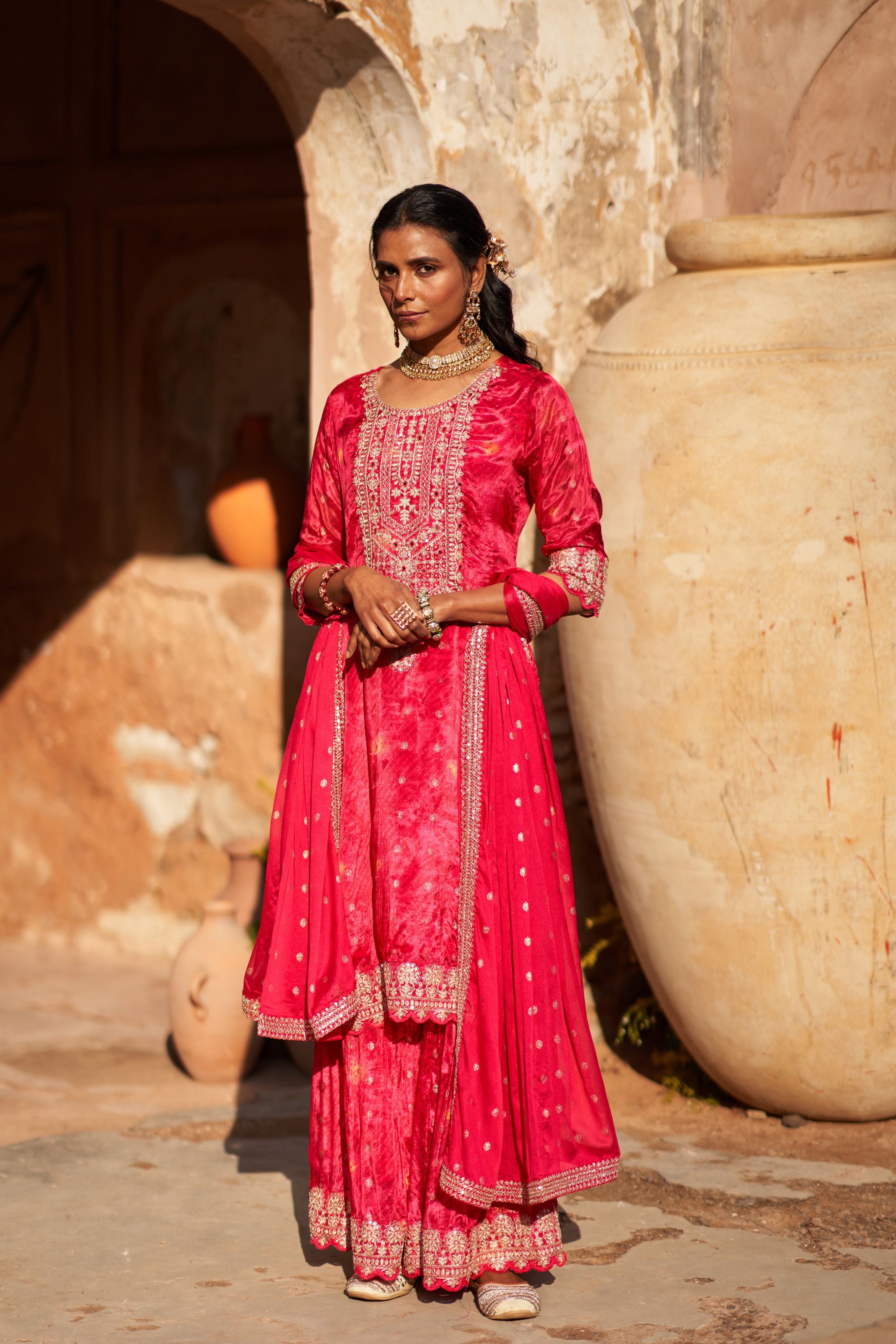 Rani Pink Embroidered Premium Silk Sharara Set