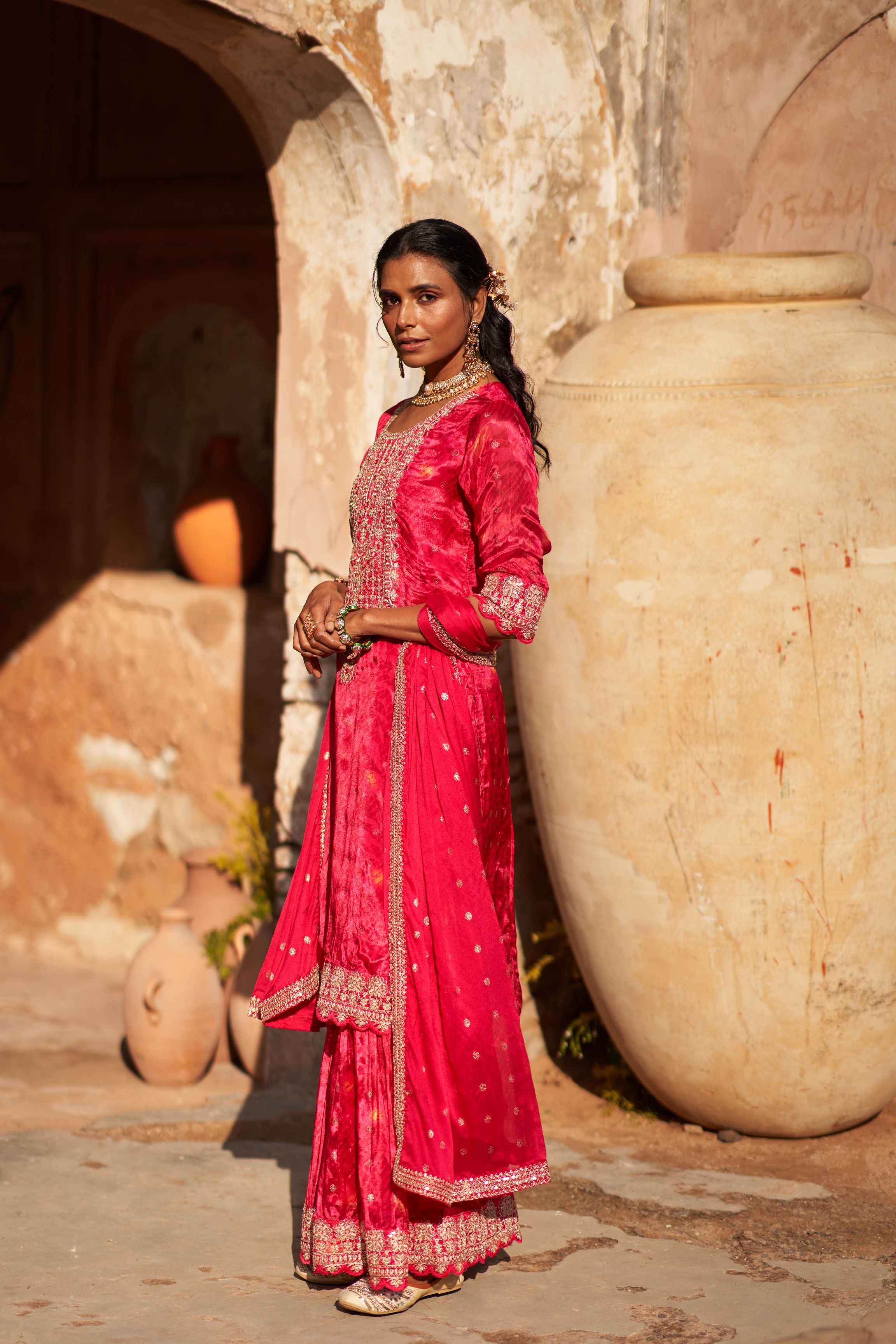 Rani Pink Embroidered Premium Silk Sharara Set