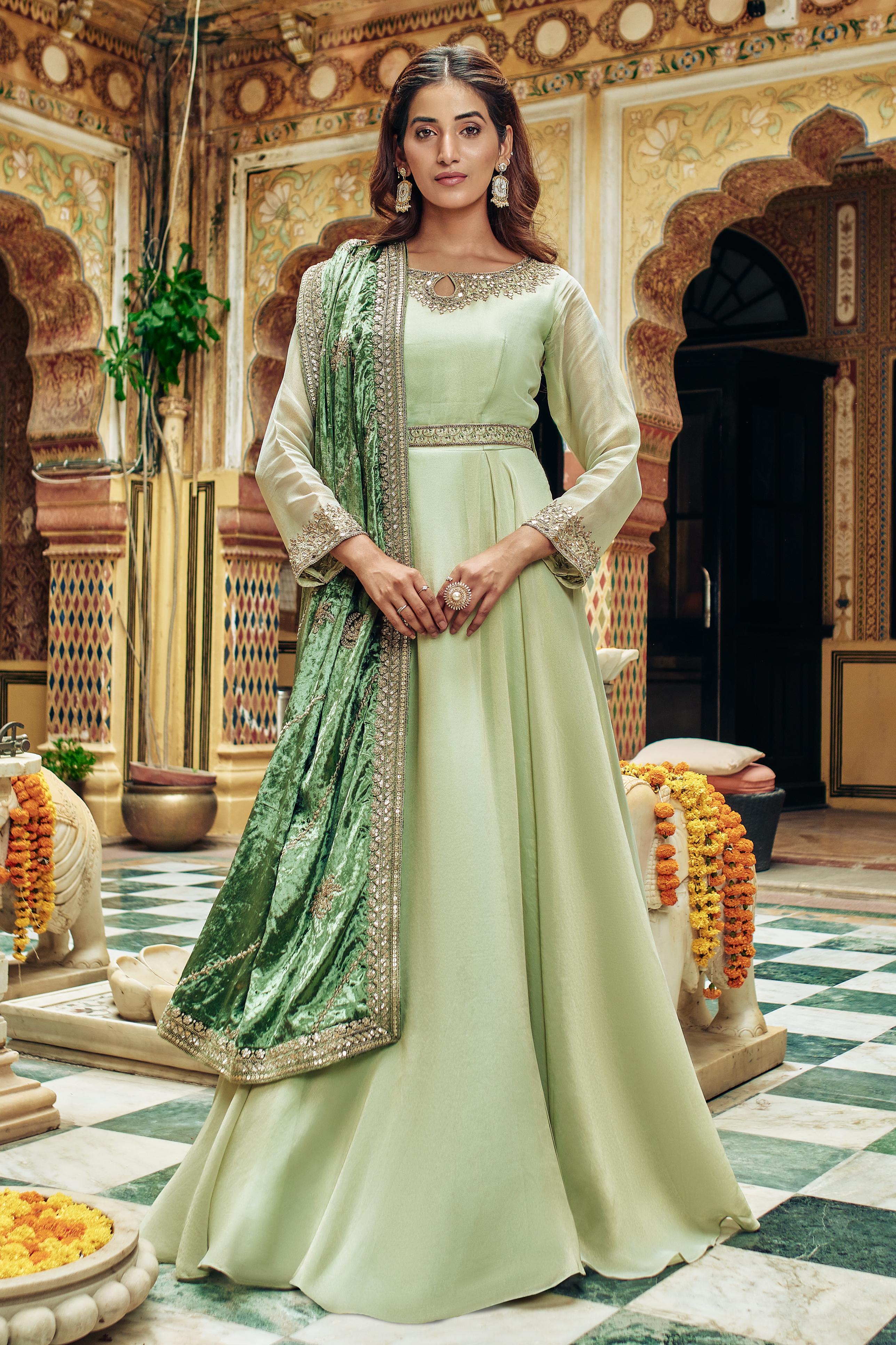 Magnificent green designer anarkali suit online which is crafted from  tapeta fabric with exclusiv… | Designer anarkali dresses, Silk anarkali  suits, Indian dress up