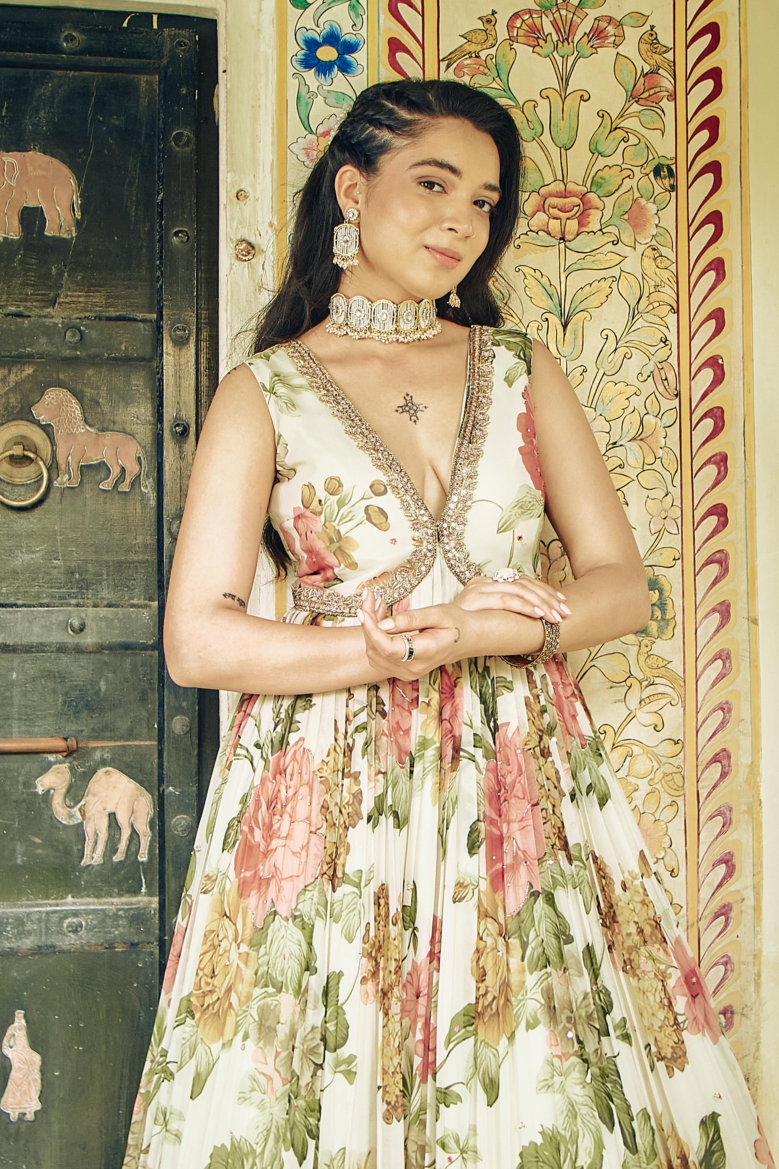 Ivory Floral Printed Crepe Silk Sleek Gown