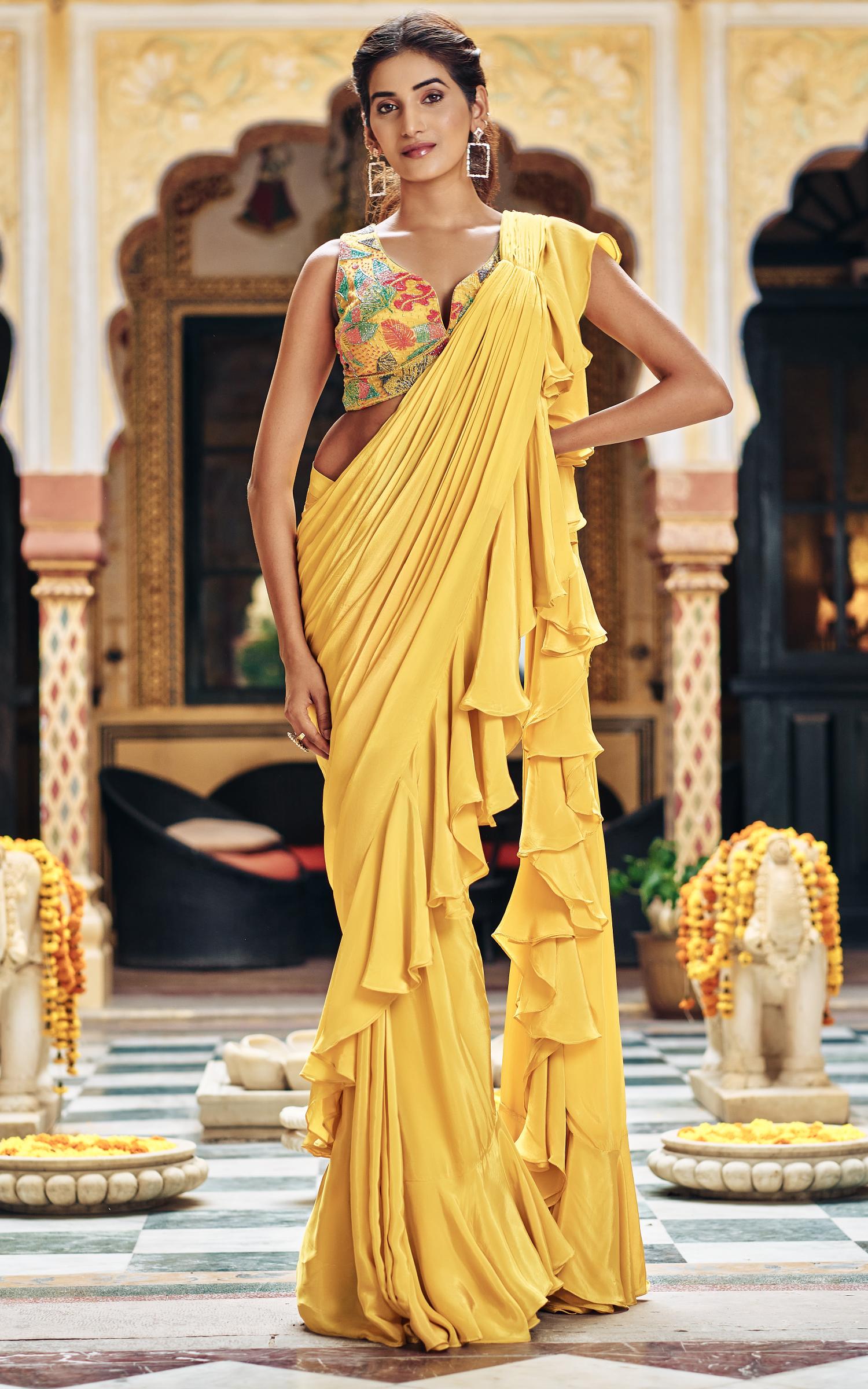 Yellow Embellished Habutai Silk Draped Saree