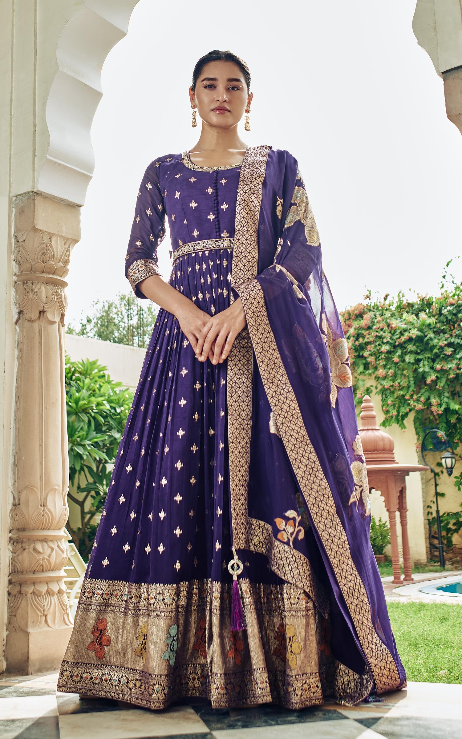 Royal Purple Embroidered Brocade Silk Anarkali Set