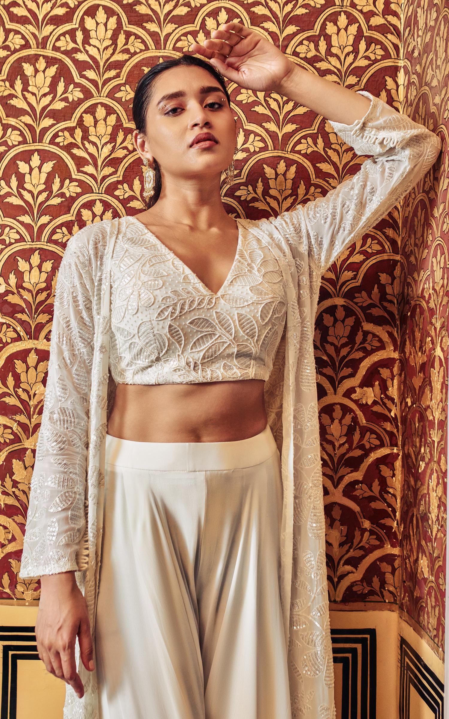 Pearl White Georgette Embellished Skirt With Crop Top And Cape