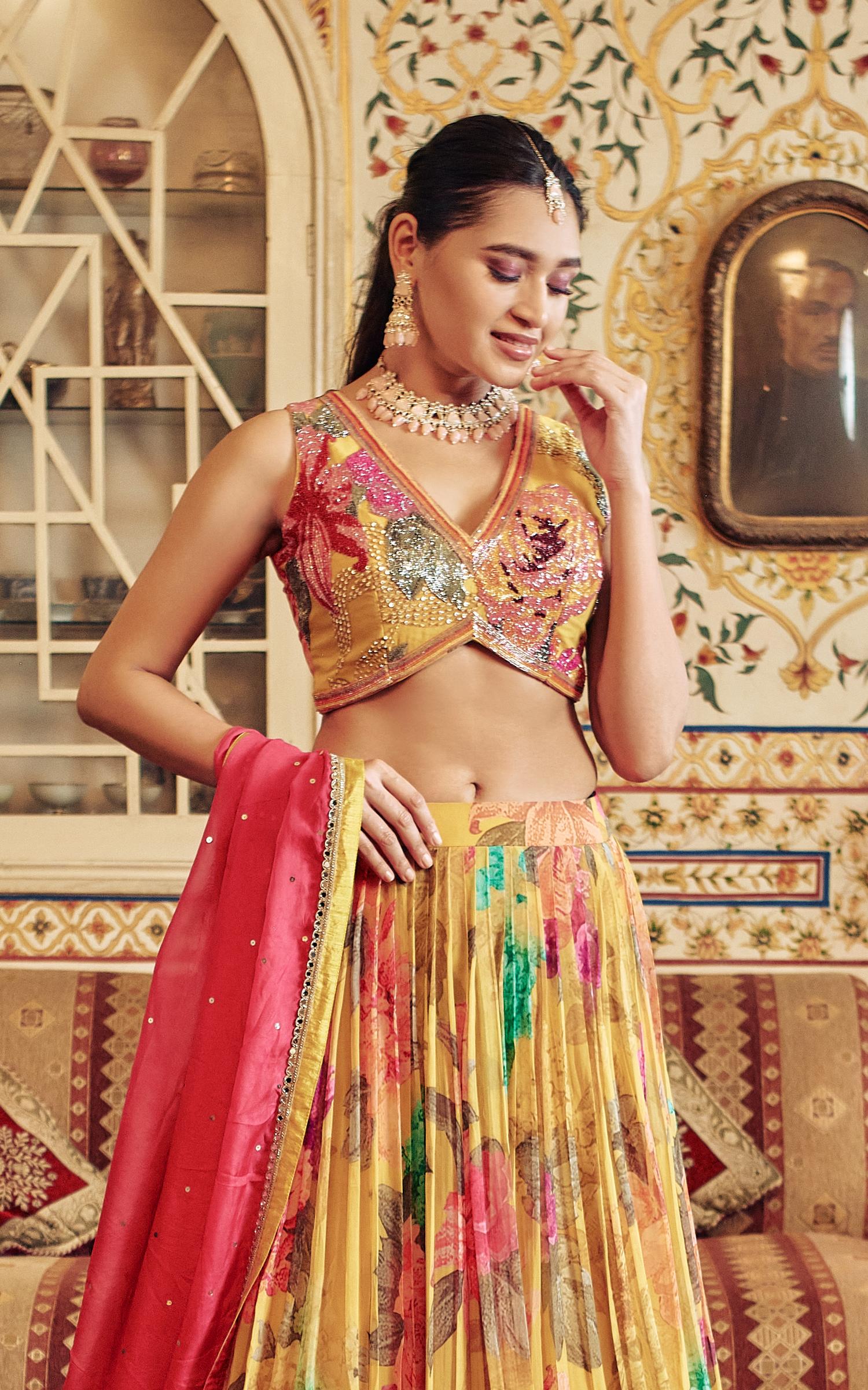 Yellow Plated Lehenga With A Printed Top – Tirumala Designers