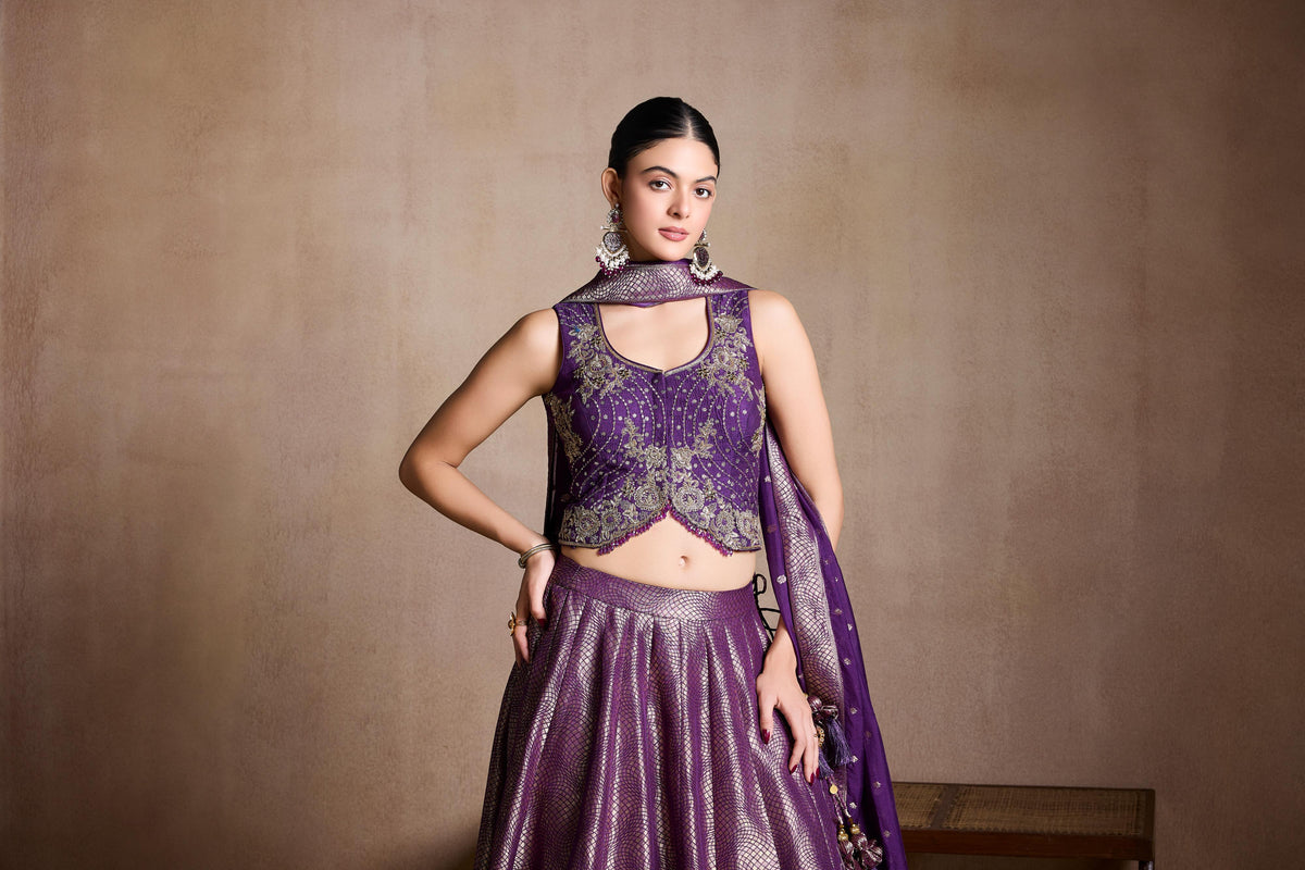 Royal Violet Embellsihed Brocade Silk Lehenga Set