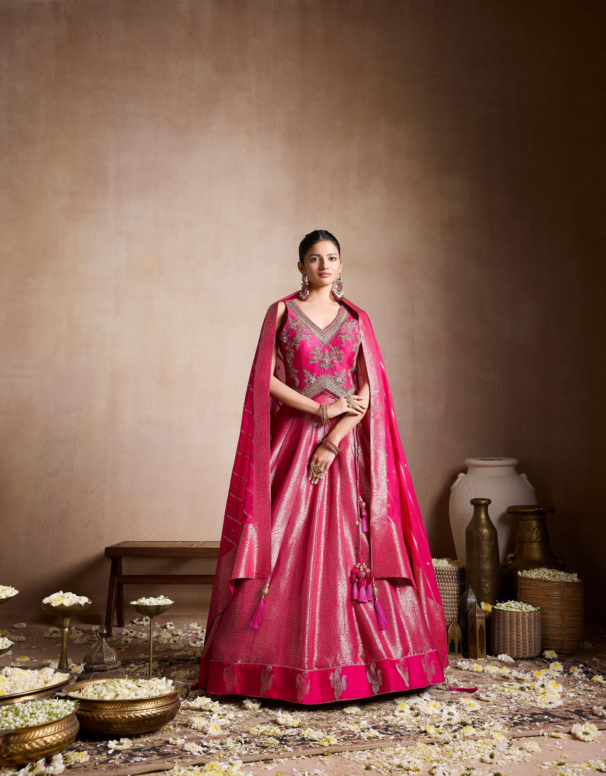 Radiant Pink Embellsihed Brocade Silk Lehenga Set