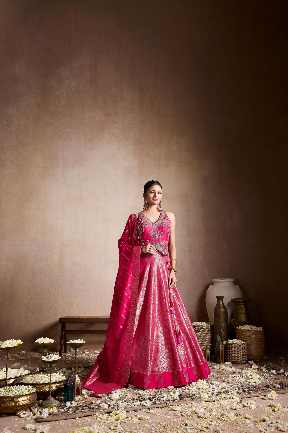 Radiant Pink Embellsihed Brocade Silk Lehenga Set