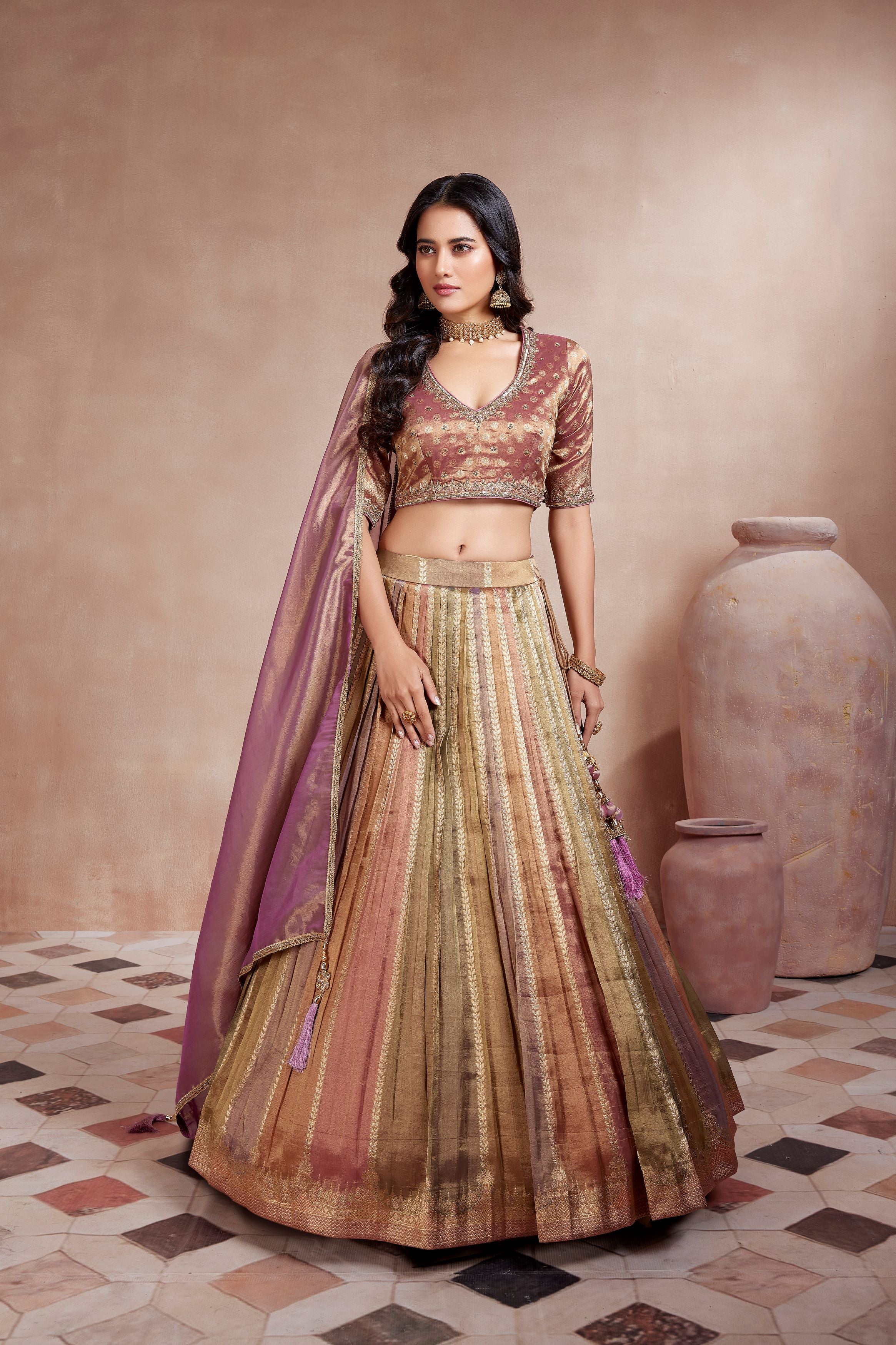 Shimmer Multi Color Embroidered  Premium Metallic Silk Lehenga Set