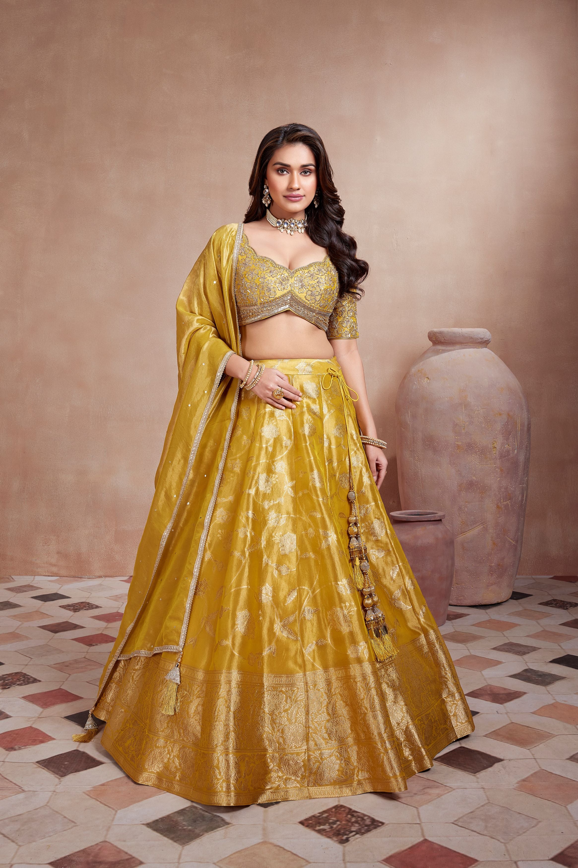 Mustard Yellow Embellished Premium Brocade Silk Lehenga Set