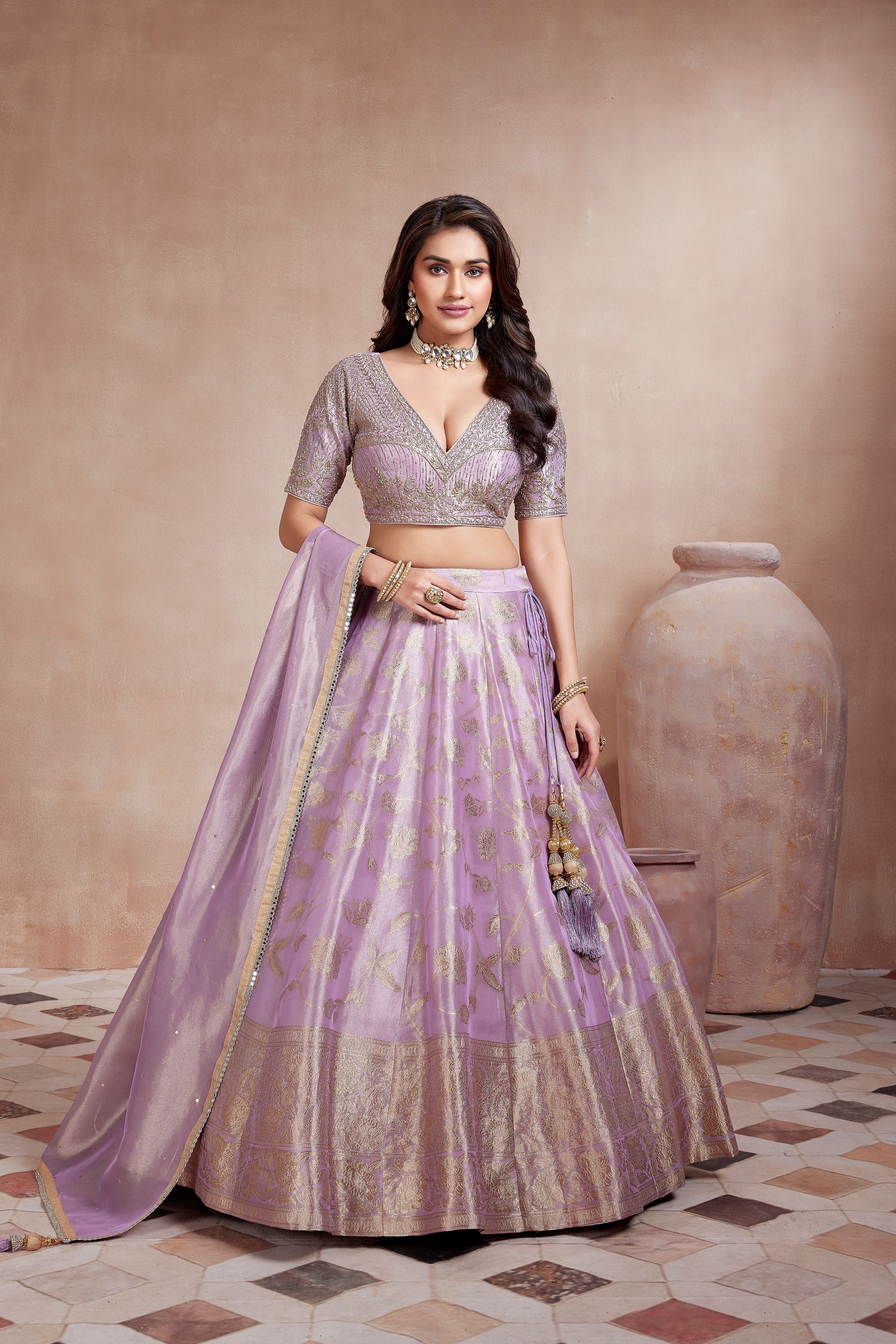 Soft Lavender Embellished Premium Brocade Silk Lehenga Set