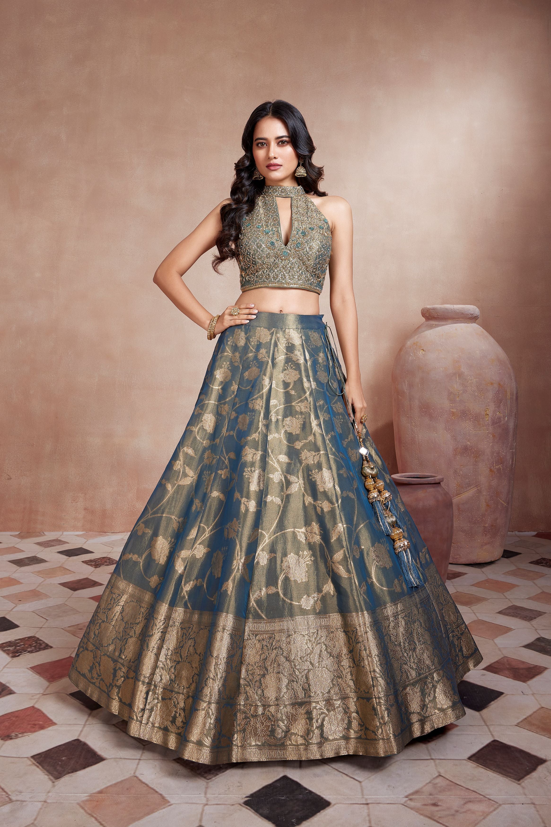 Shimmer Teal Embellished Premium Raw Silk Lehenga