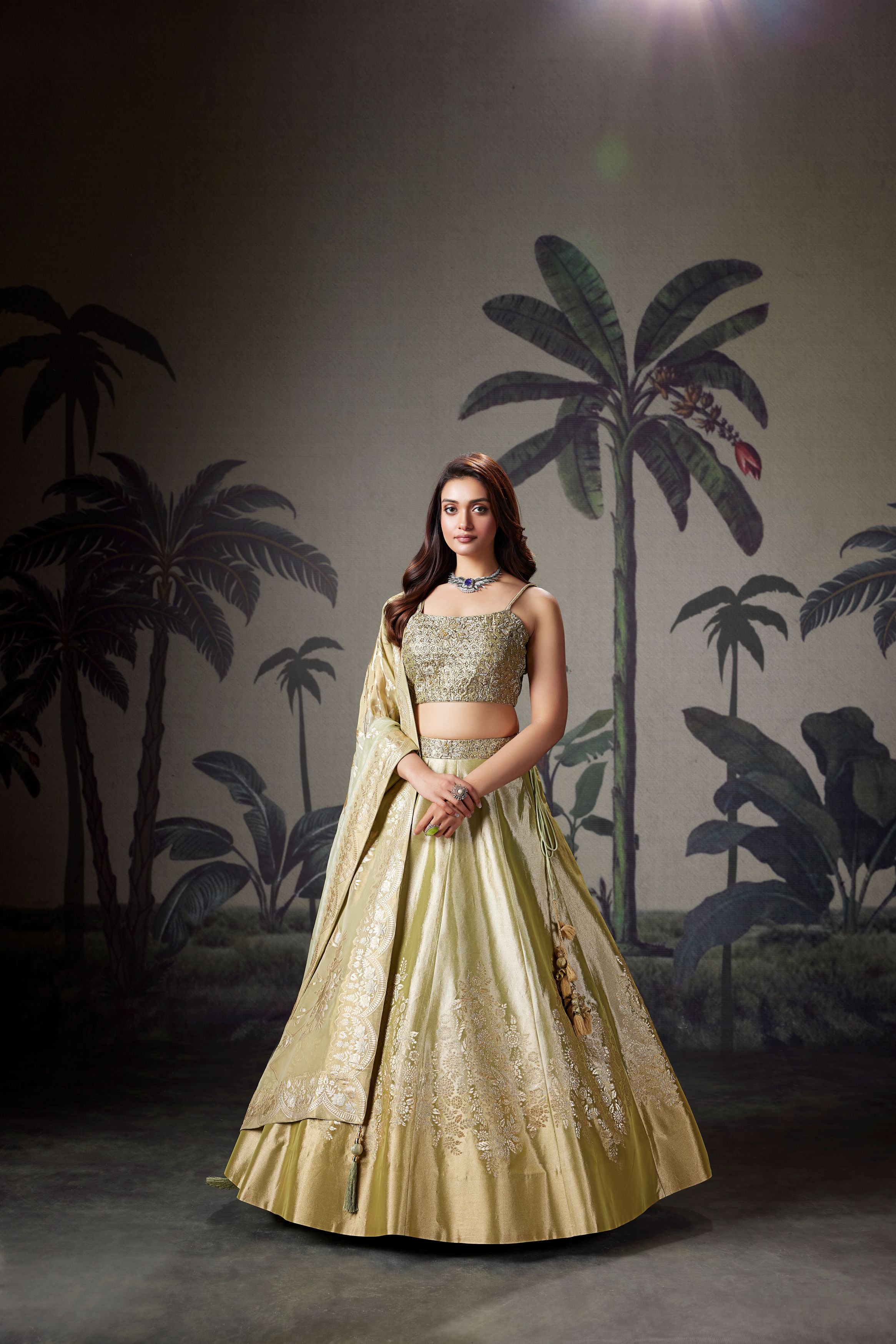Pistachio Green Embellished Shimmer Tissue Silk Lehenga Set