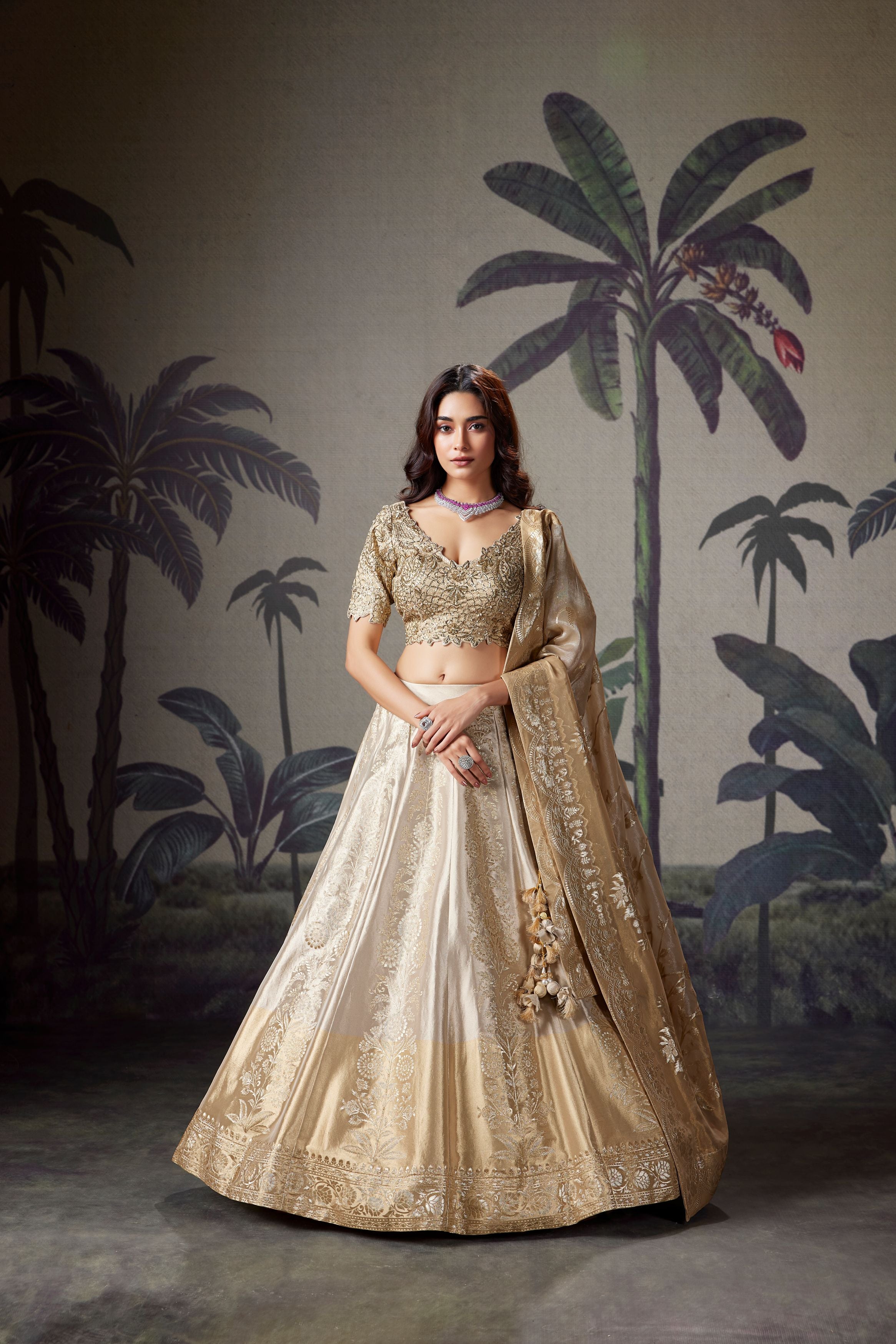 Ivory Bronze Embellished Shimmer Tissue Silk Lehenga Set