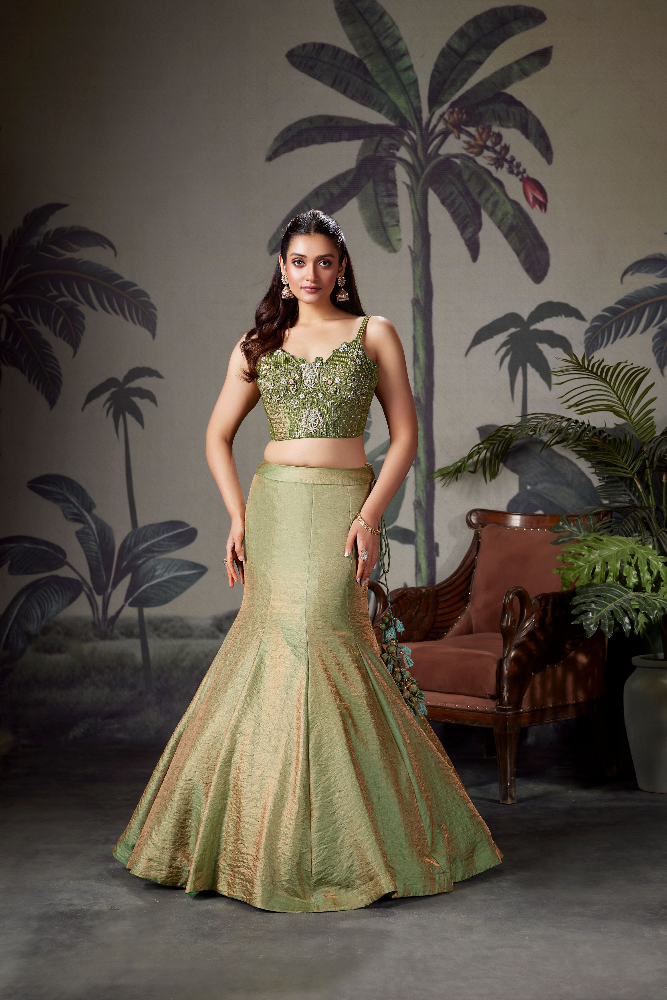 Moss Green Embellished Shimmer Tissue Silk Fish-Cut Lehenga Set