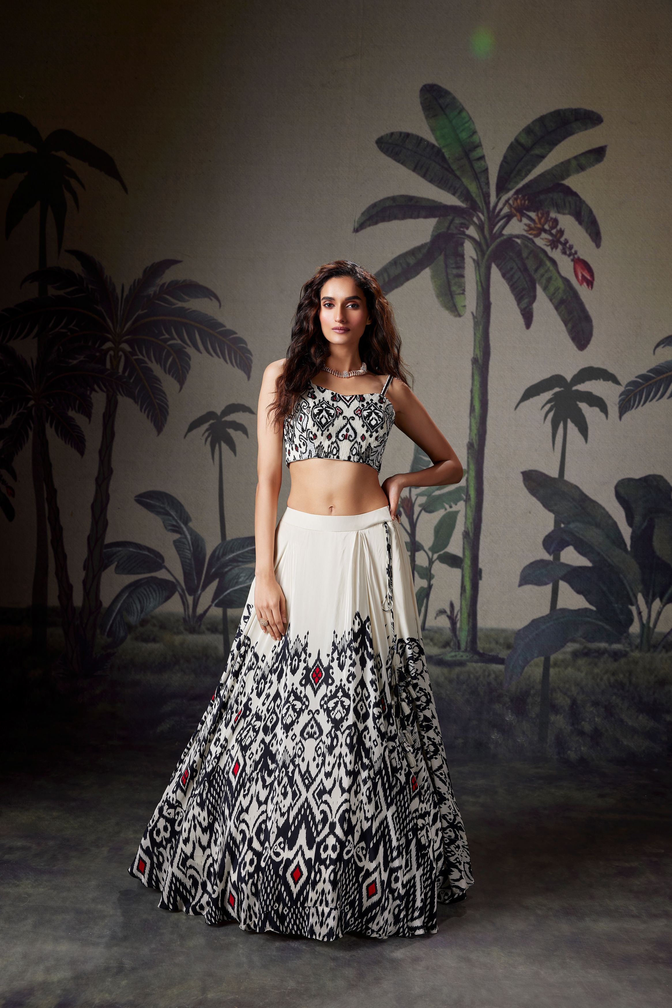Black & White Printed Crepe Silk Lehenga Set