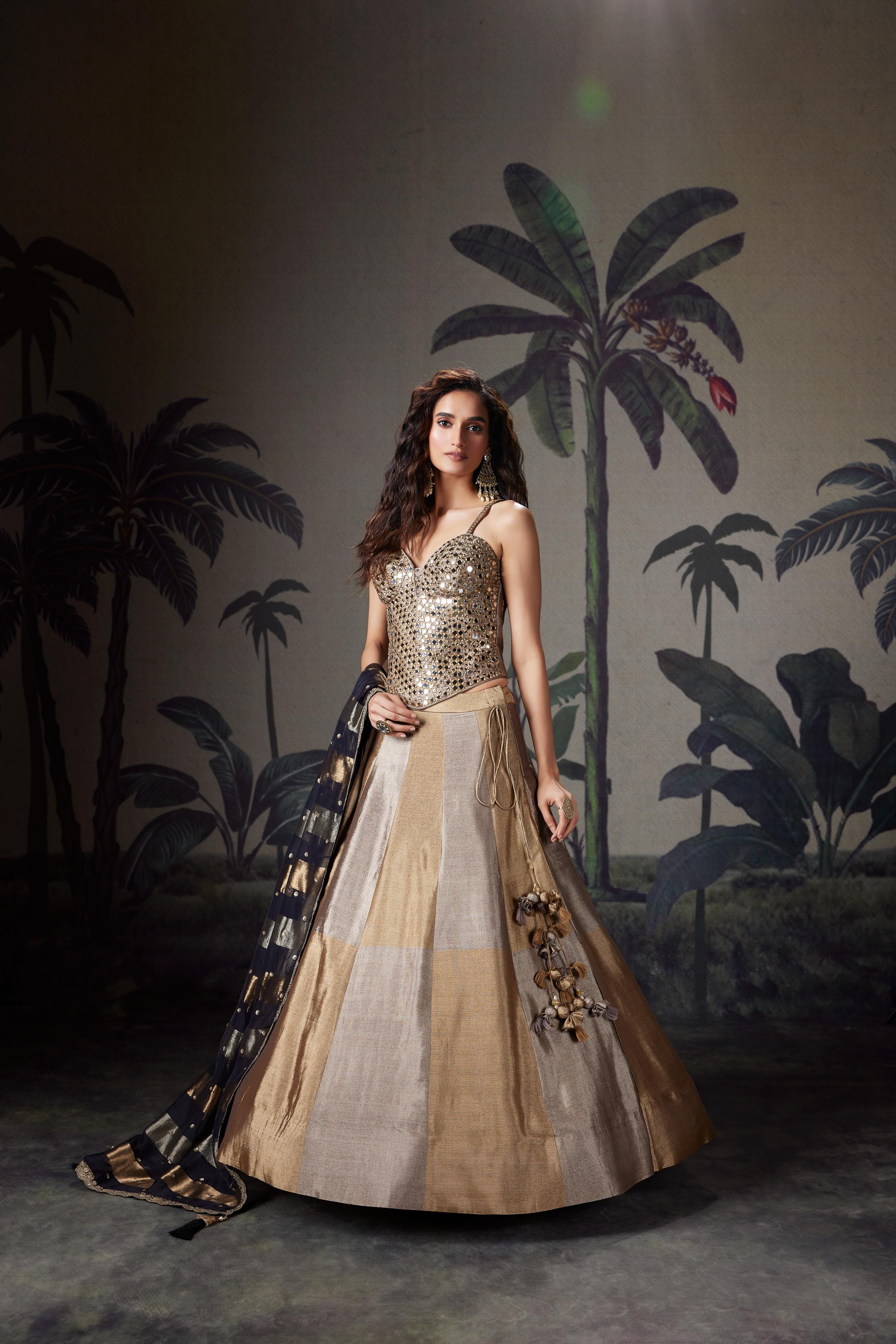 Beige Gold Mirror Embellished Raw Silk Lehenga Set