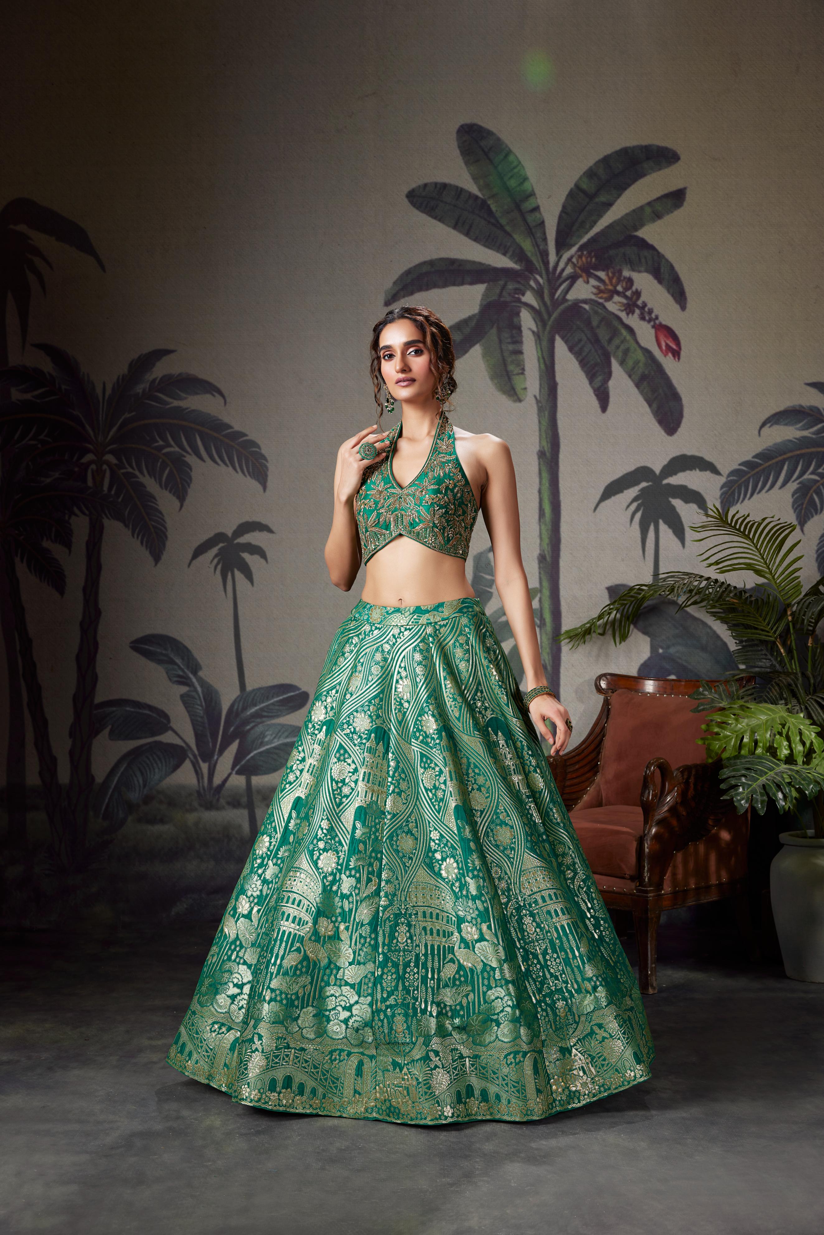 Emerald Green Embellished Silk Lehenga Set