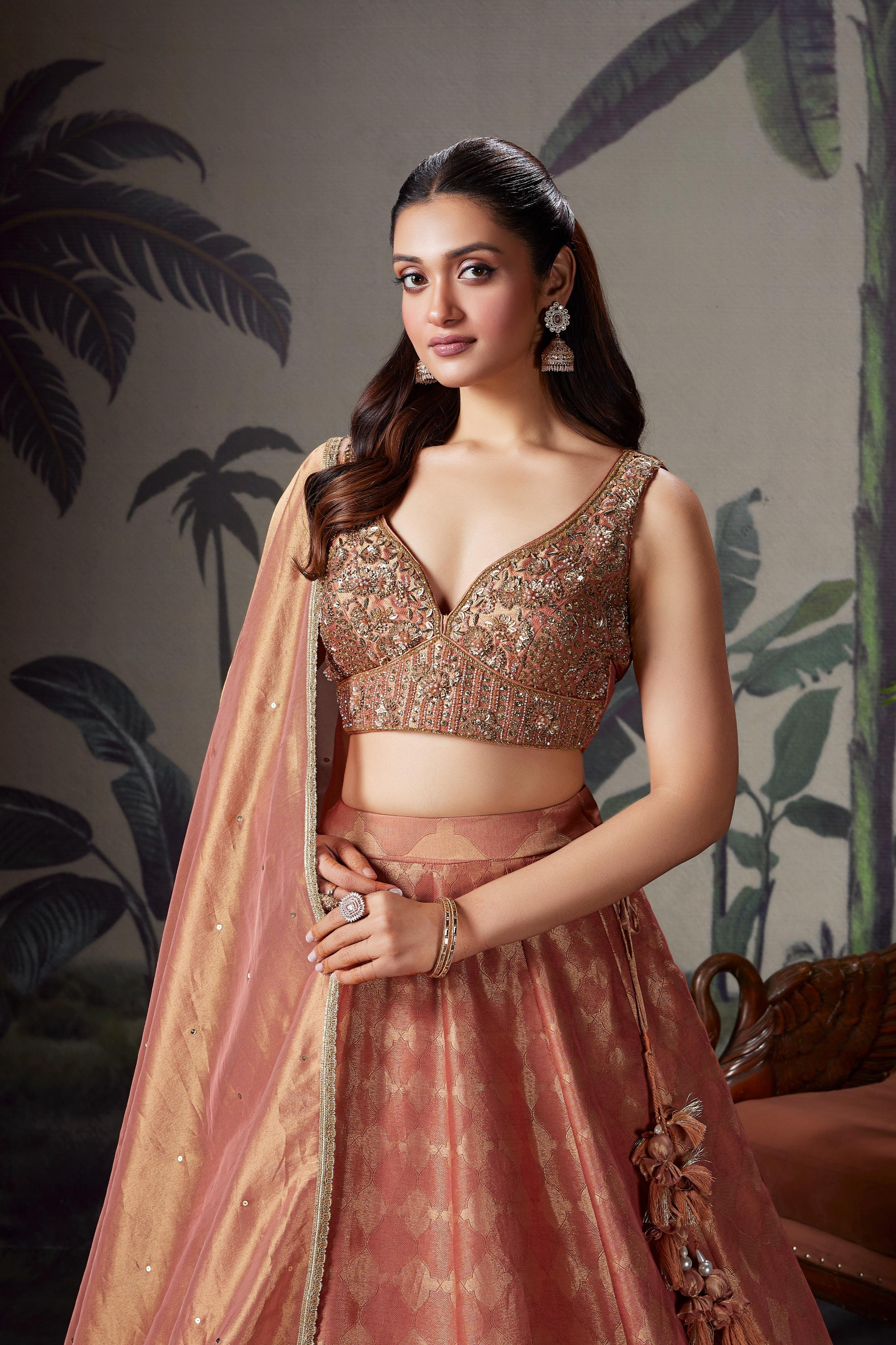 Pastel Peach Embellished Silk Lehenga Set