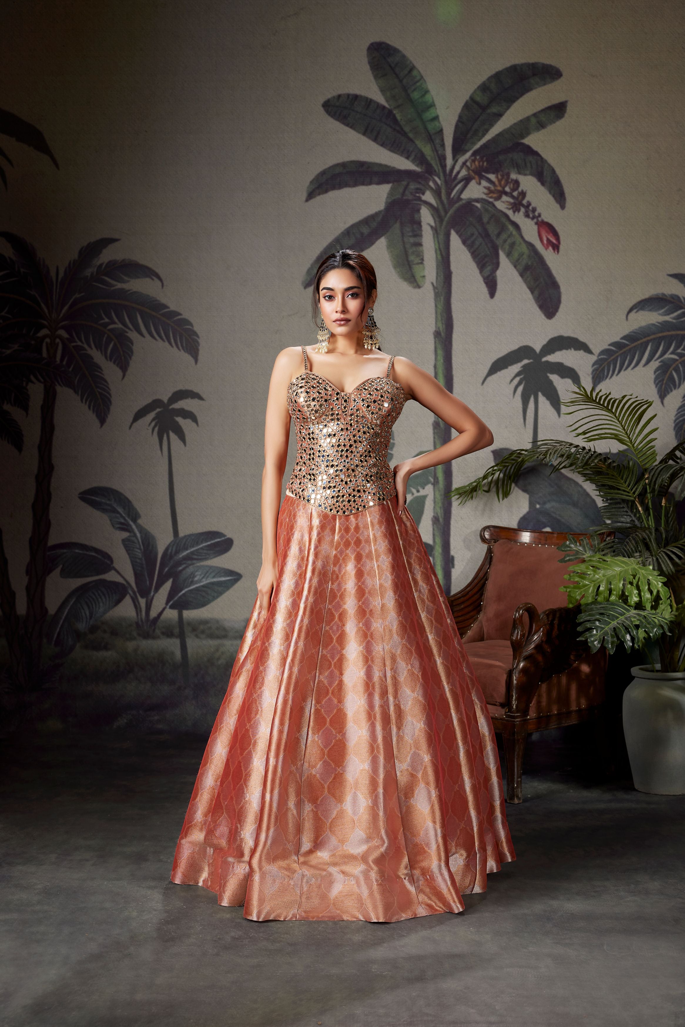 Peach Orange Embellished Premium Silk Lehenga Set