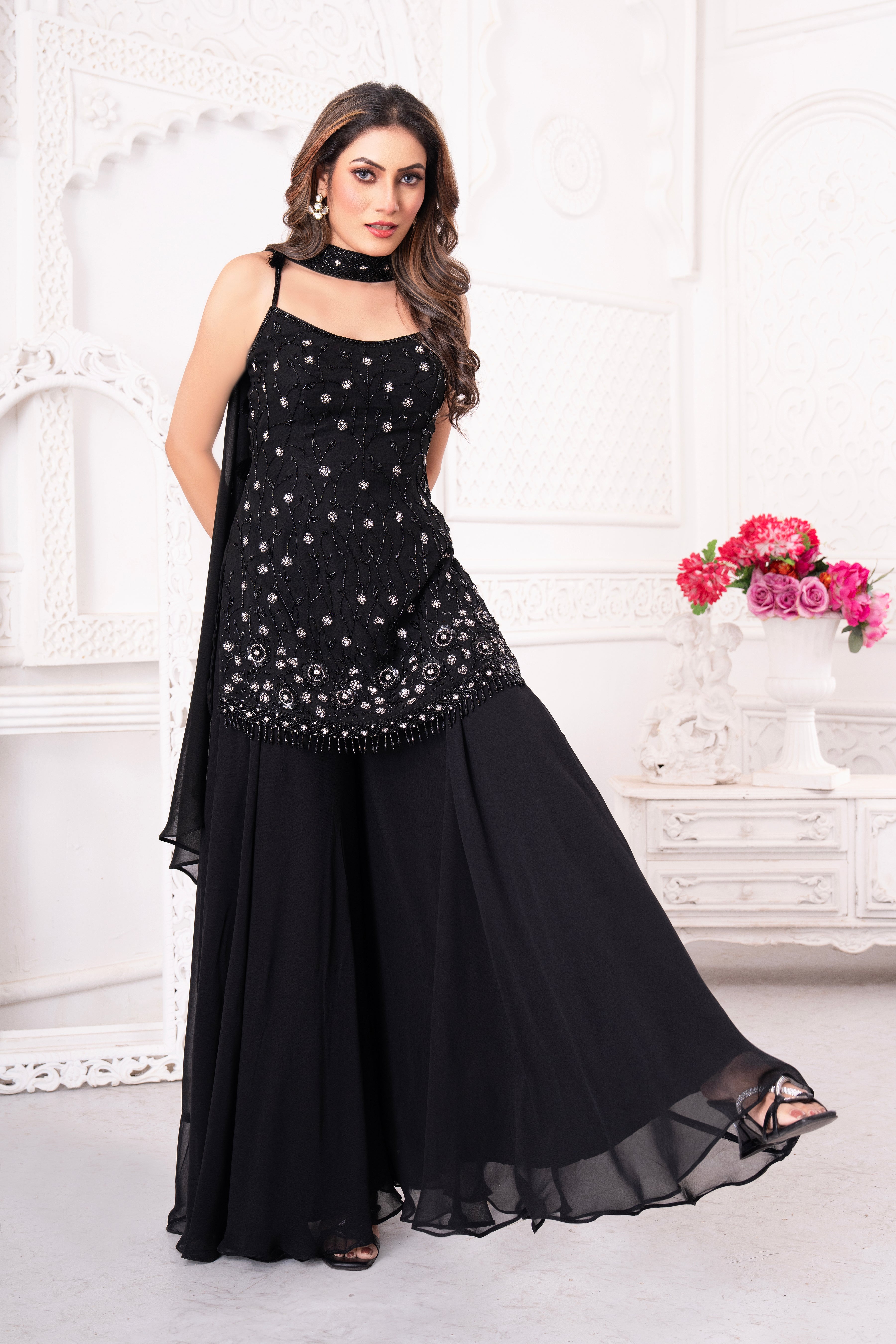 Black Embellished Tunic Palazzo Set