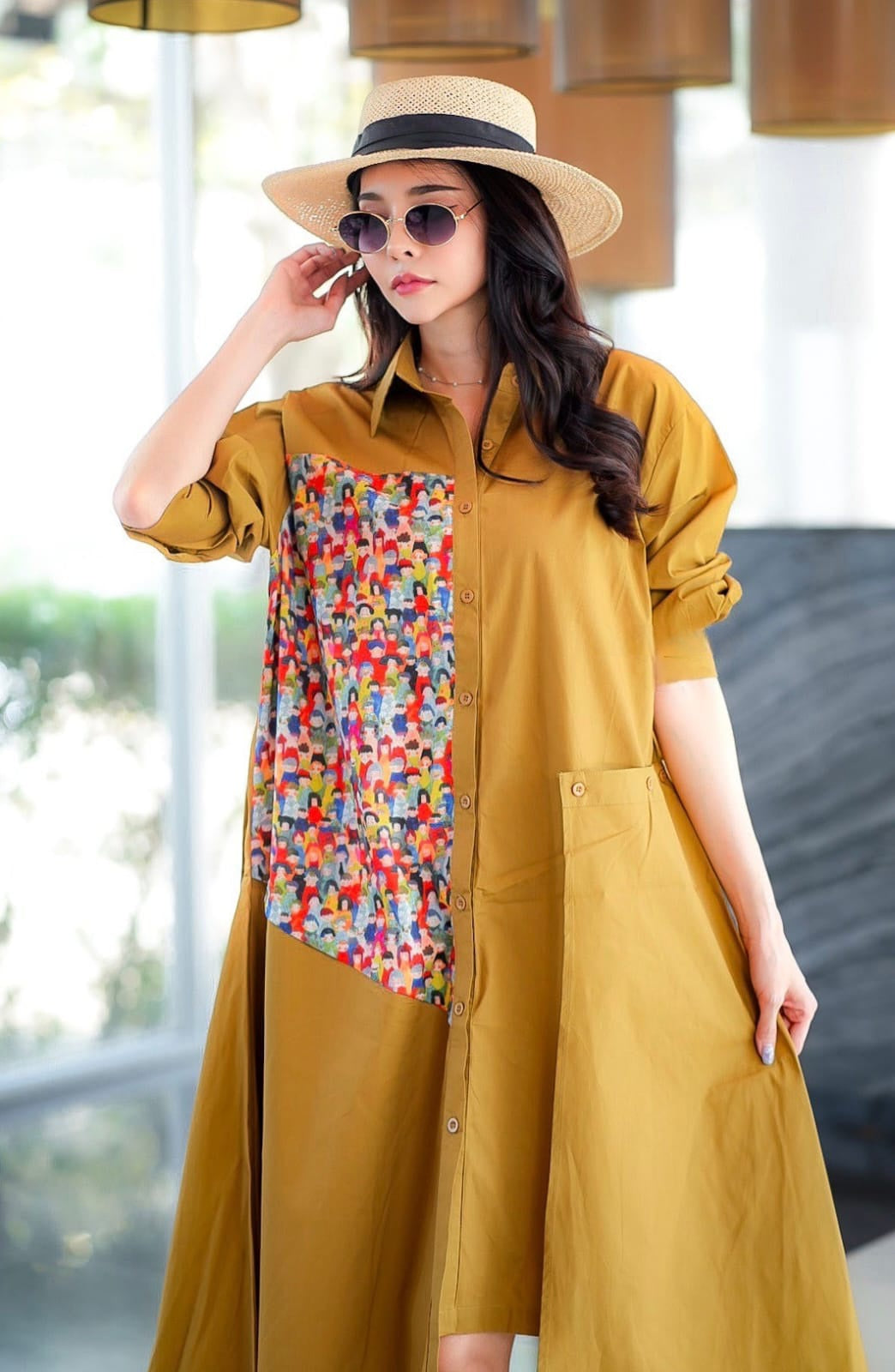 Ochre Mustard Contrast Panel Tunic Dress