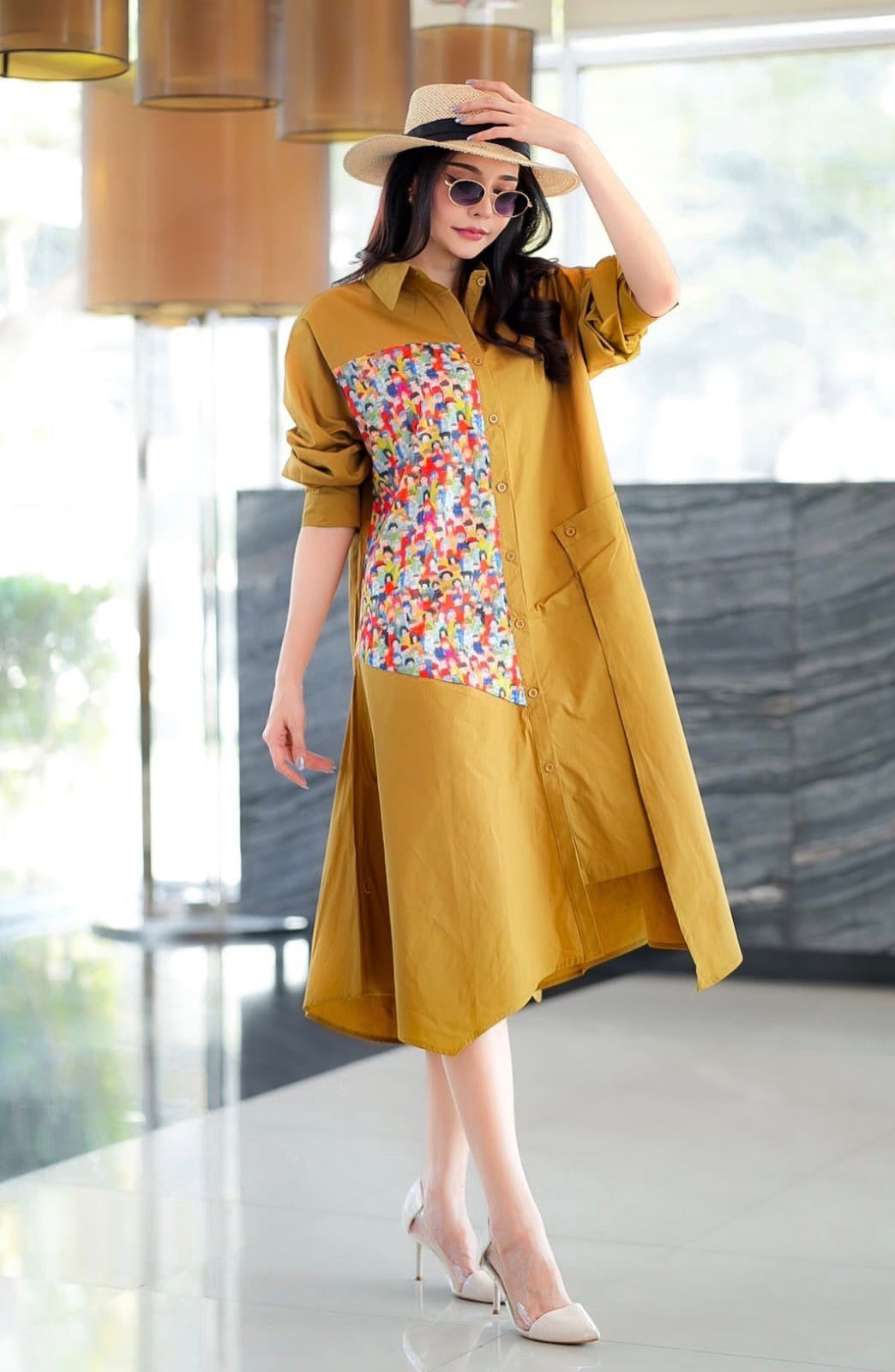 Ochre Mustard Contrast Panel Tunic Dress