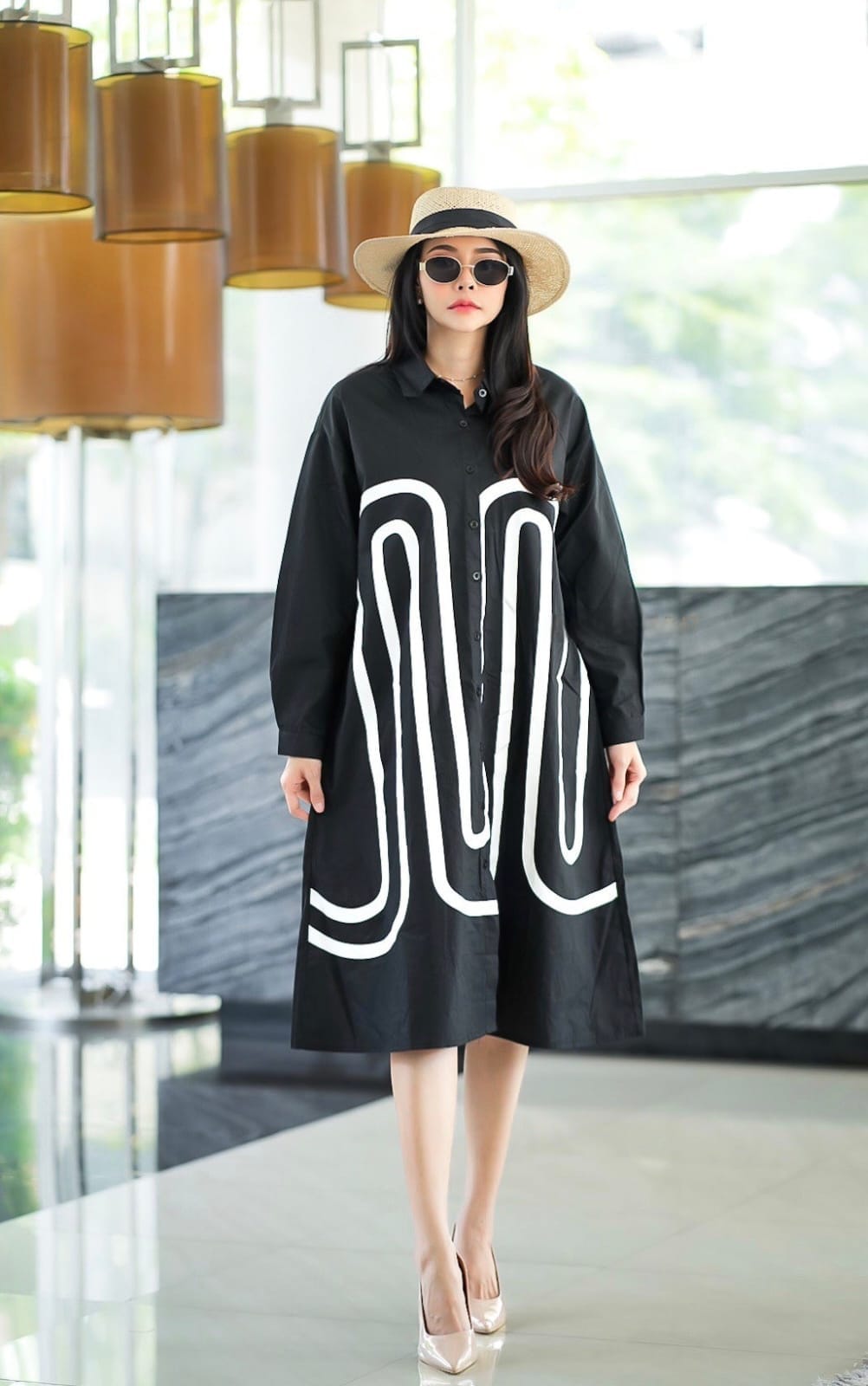 Bold Black Monochrome Path Print Tunic Dress