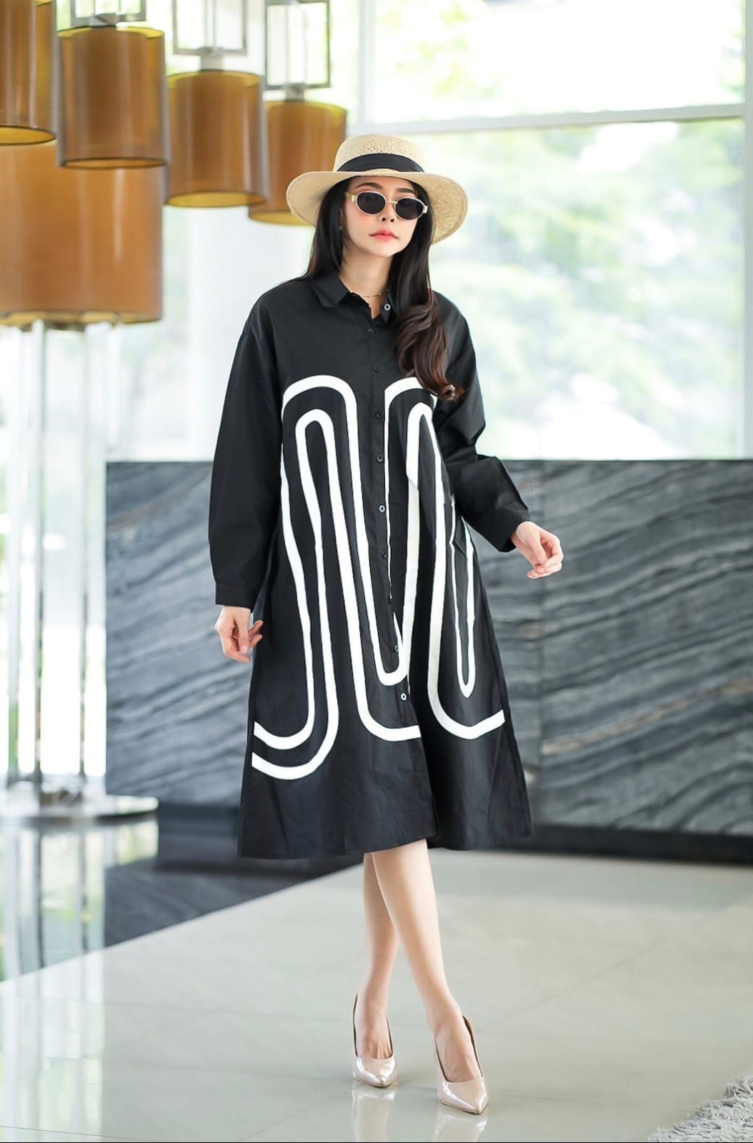Bold Black Monochrome Path Print Tunic Dress