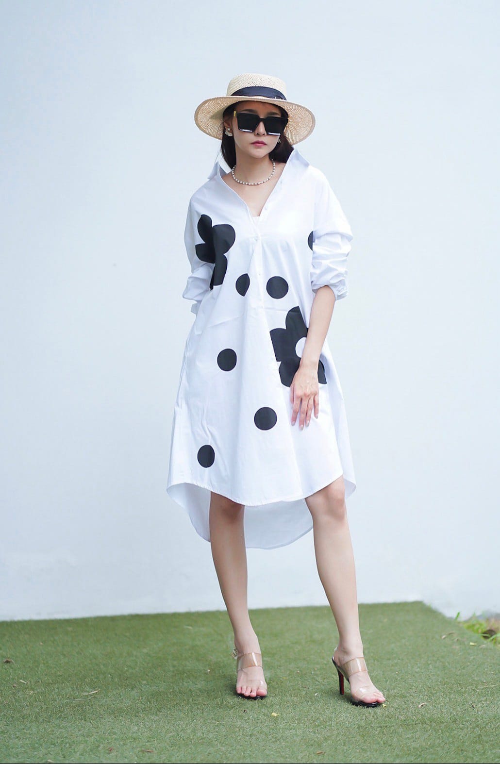 White Bold Floral Polka Print Tunic Dress