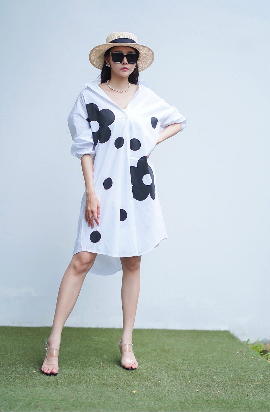 White Bold Floral Polka Print Tunic Dress