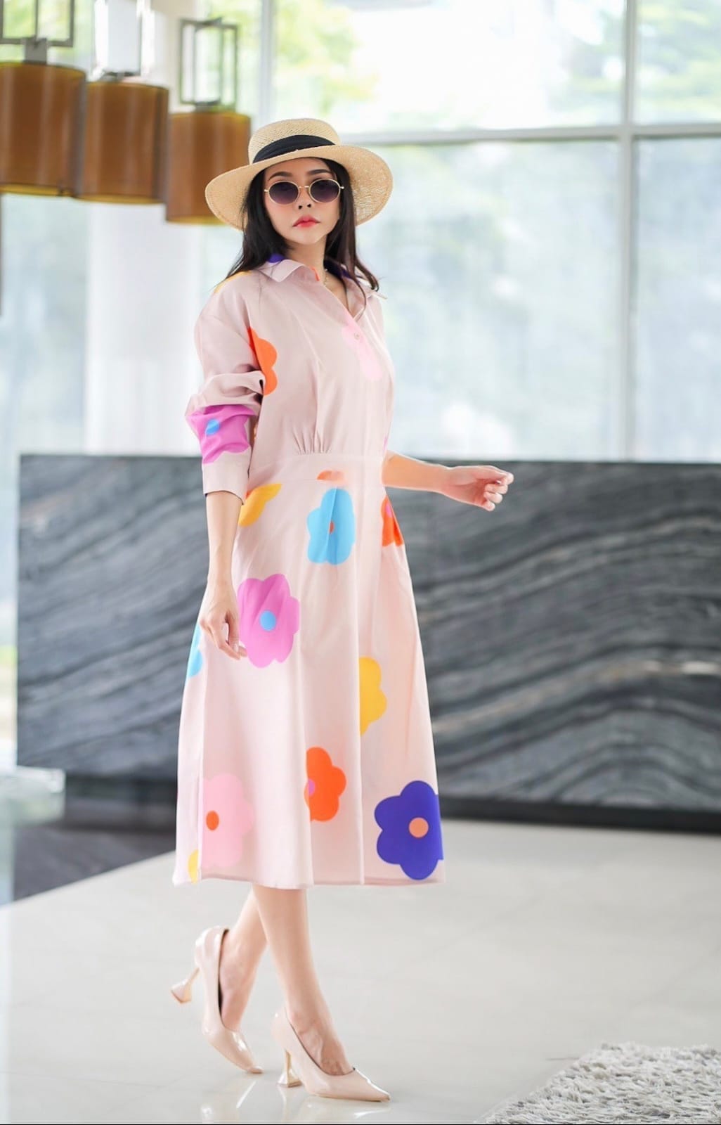Soft Beige Multicolor Bold Bloom Print Tunic Dress