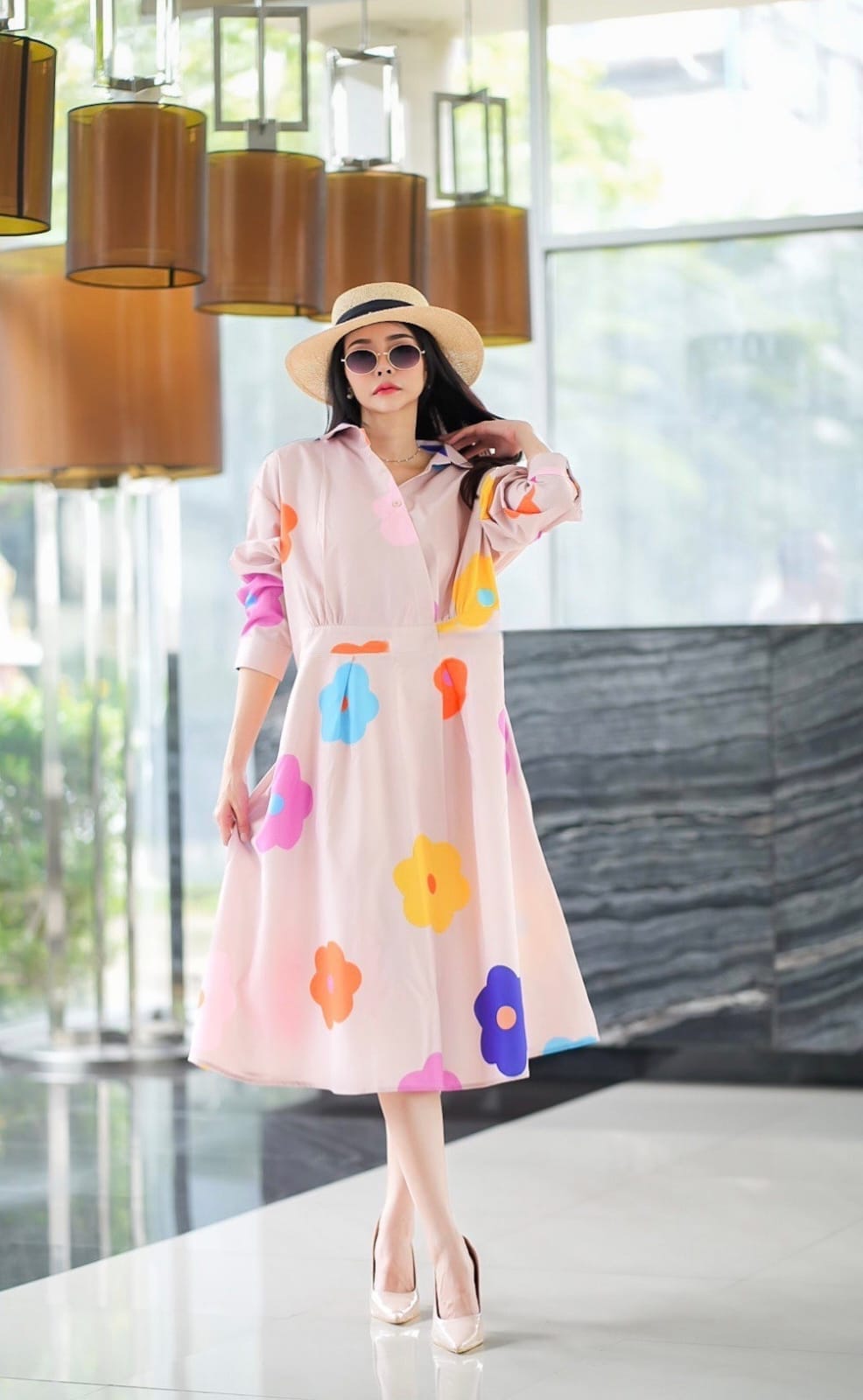 Soft Beige Multicolor Bold Bloom Print Tunic Dress