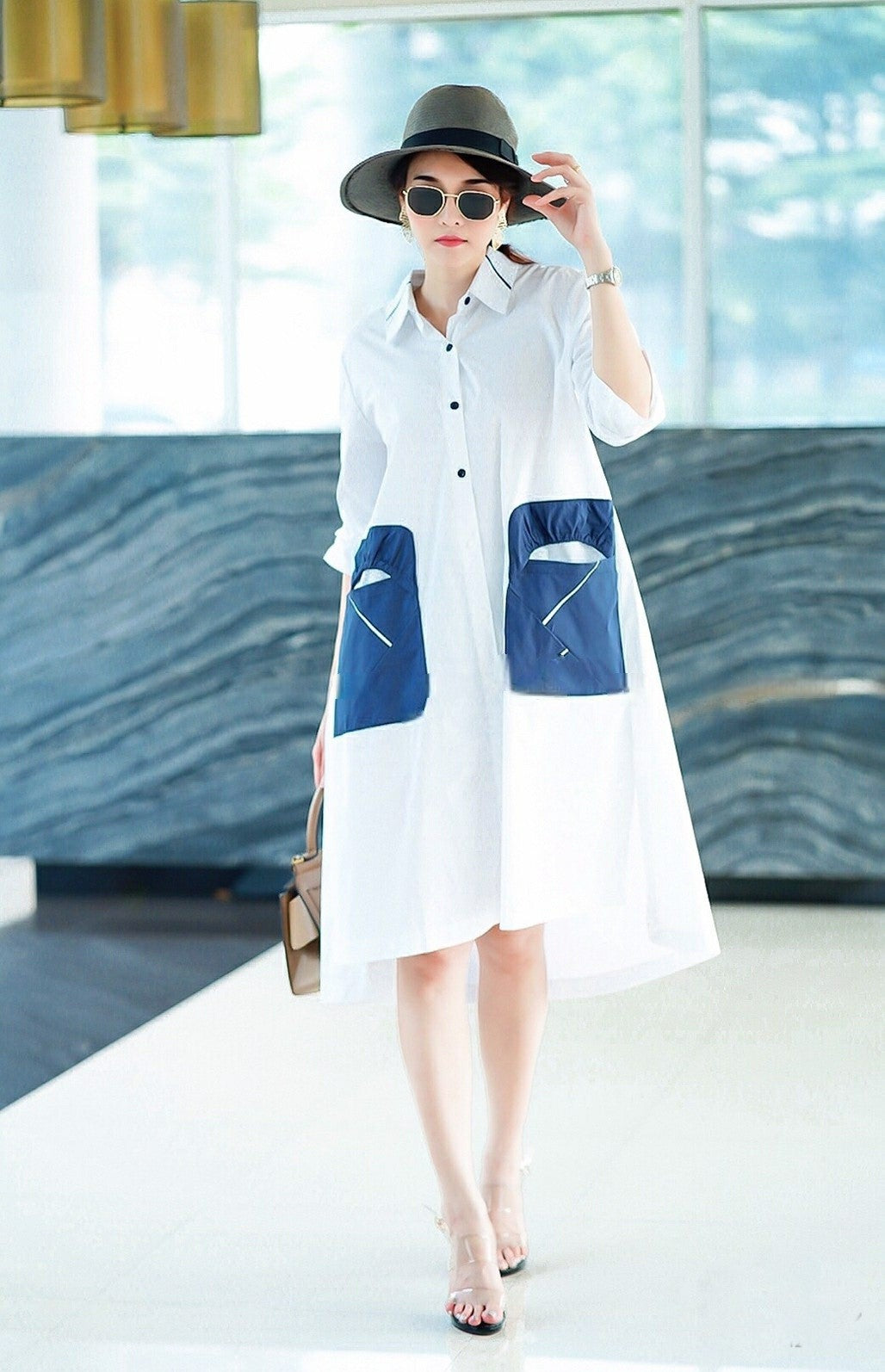 White Contrast Pocket Tunic Dress