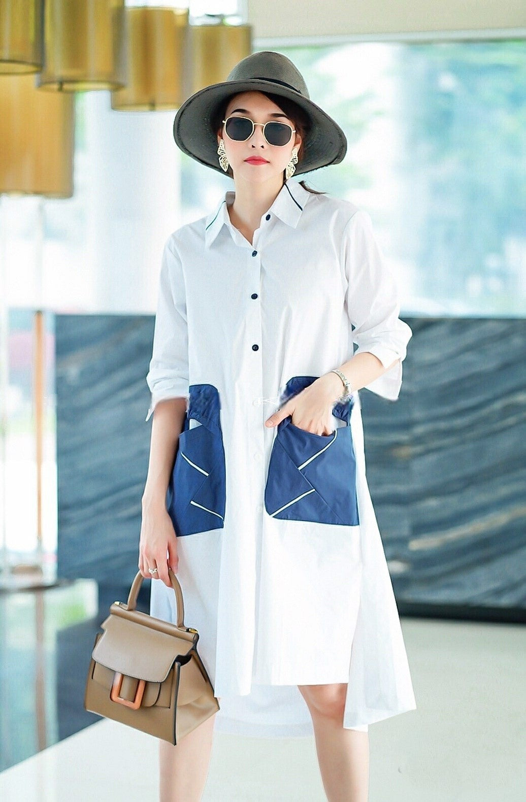 White Contrast Pocket Tunic Dress