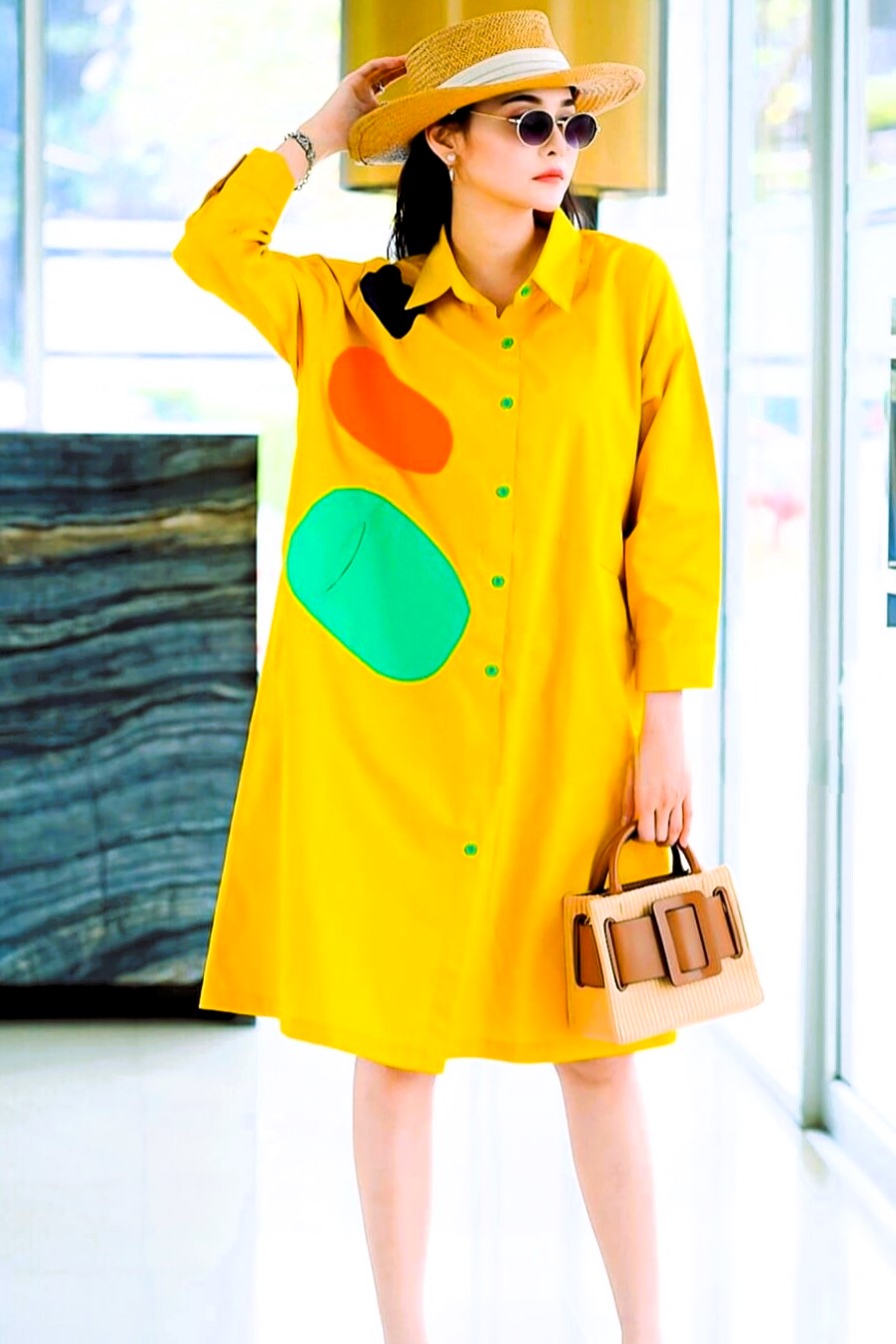 Marigold Yellow Applique Patchwork Tunic Dress