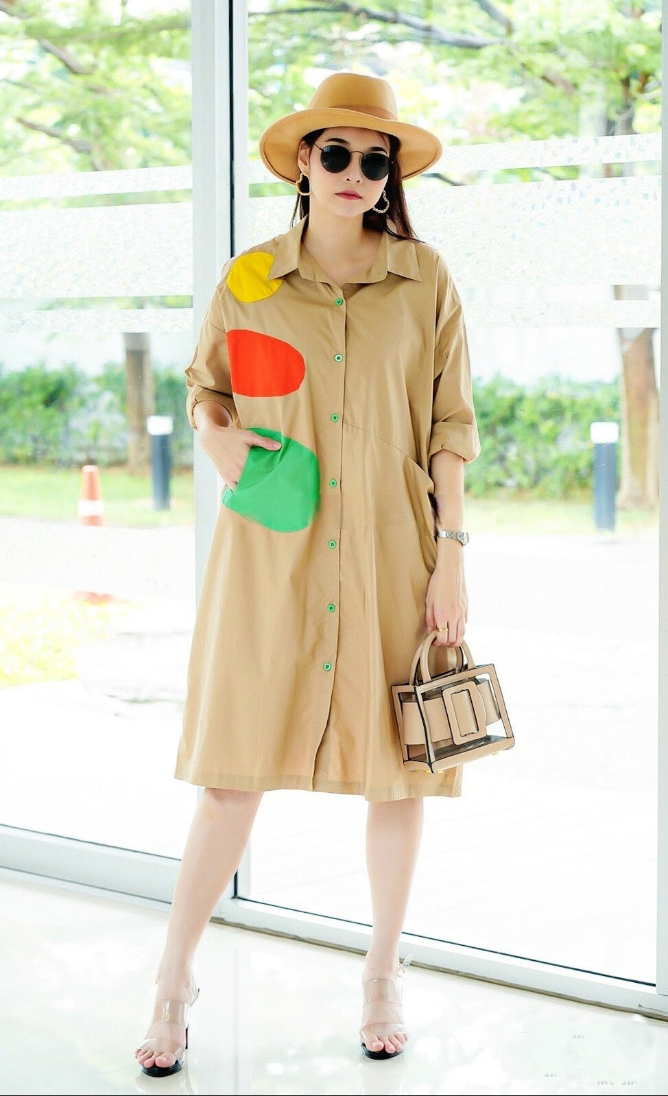 Camel Beige Applique Patchwork Tunic Dress