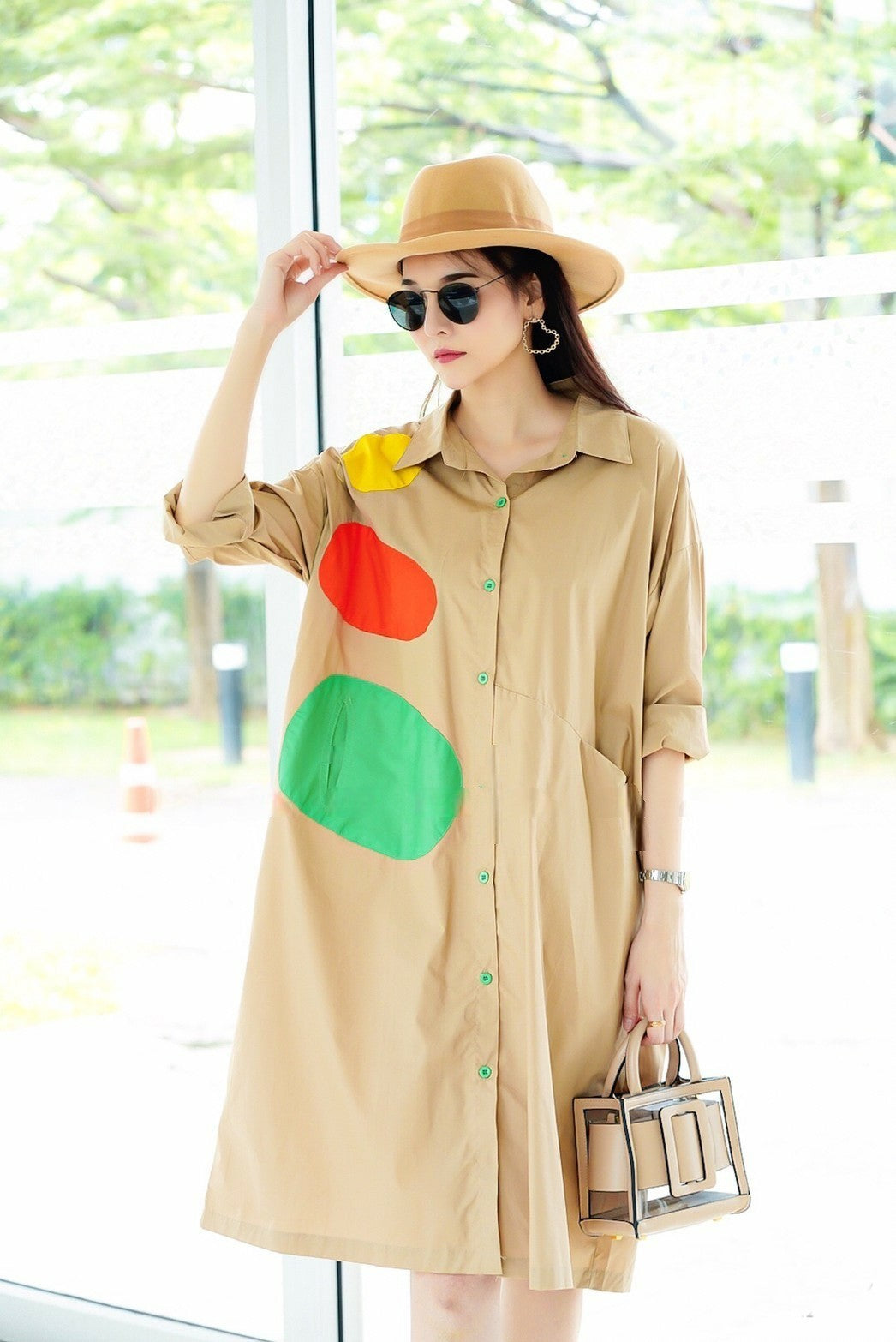 Camel Beige Applique Patchwork Tunic Dress