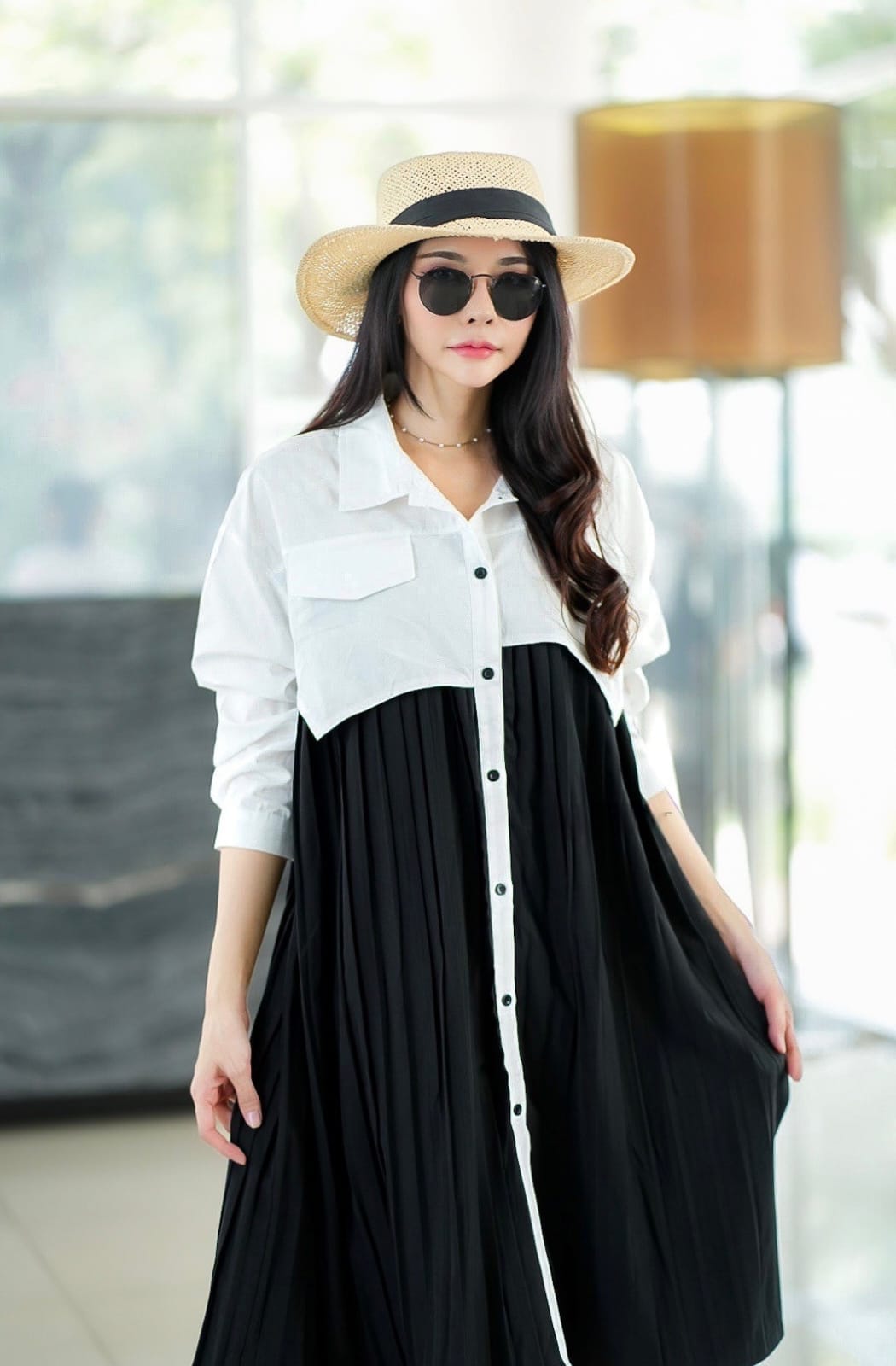 White & Black Fabric Blocking Tunic Dress