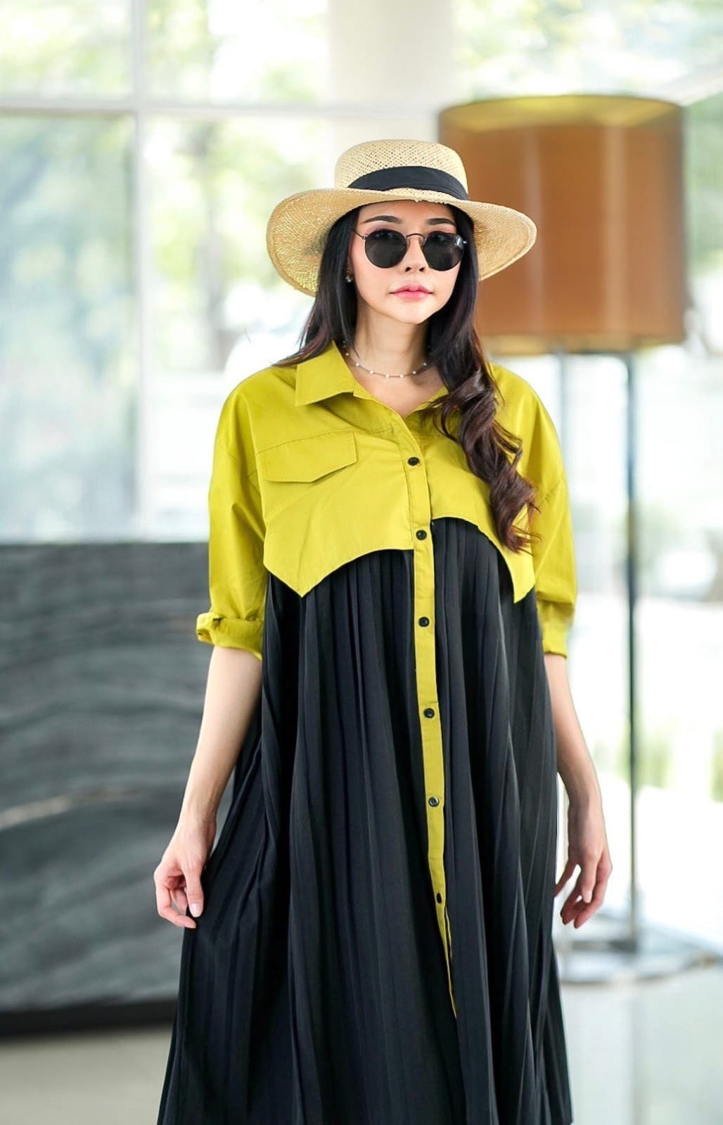 Pear Green & Black Fabric Blocking Tunic Dress