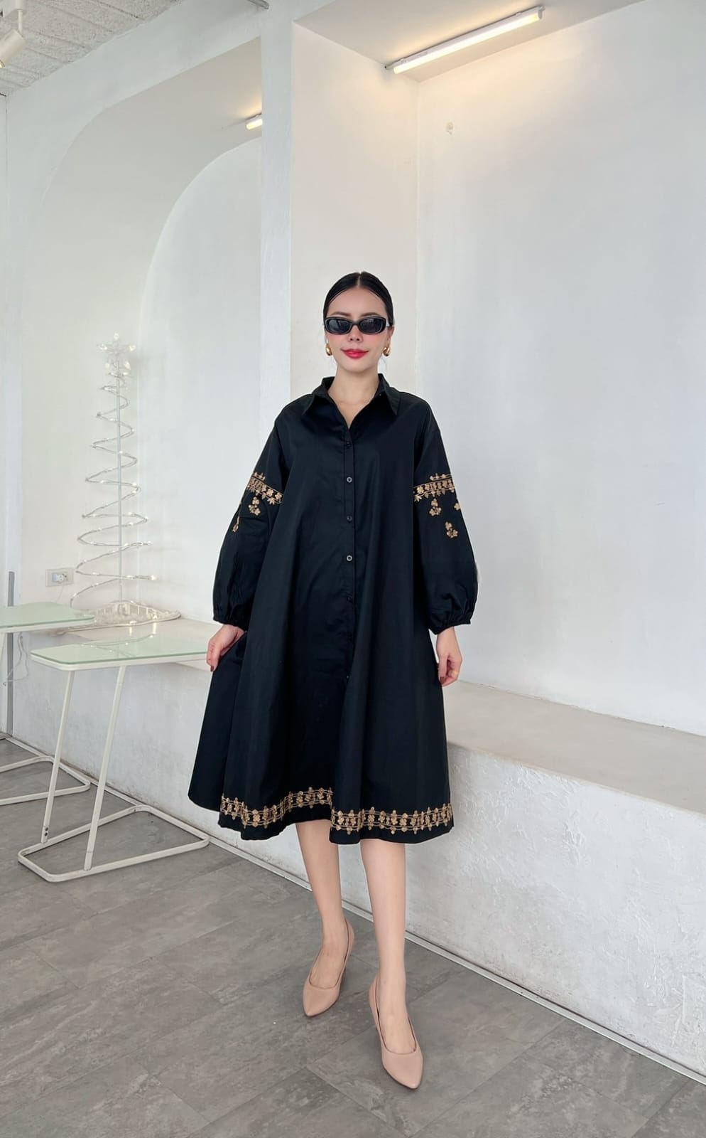 Black Golden Threadwork Tunic Dress