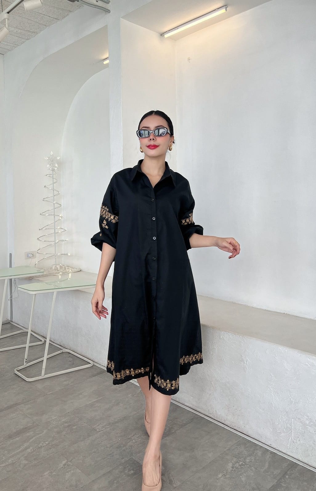 Black Golden Threadwork Tunic Dress