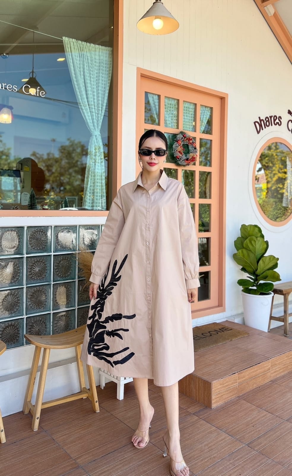 Soft Beige Floral Threadwork Tunic Dress