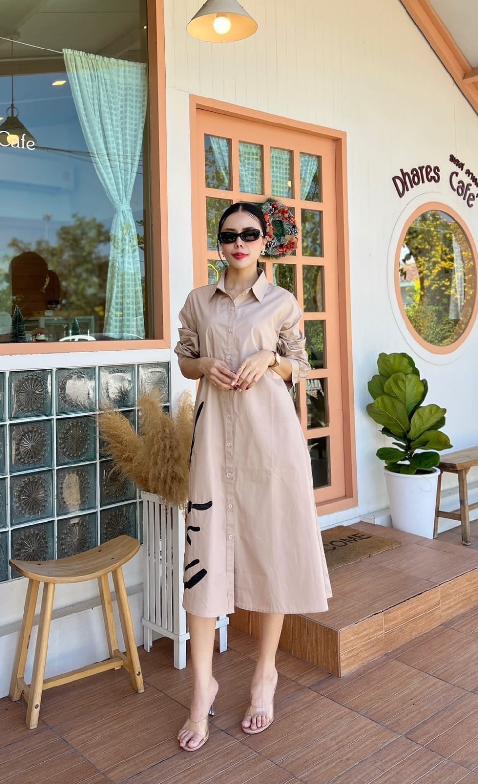 Soft Beige Floral Threadwork Tunic Dress