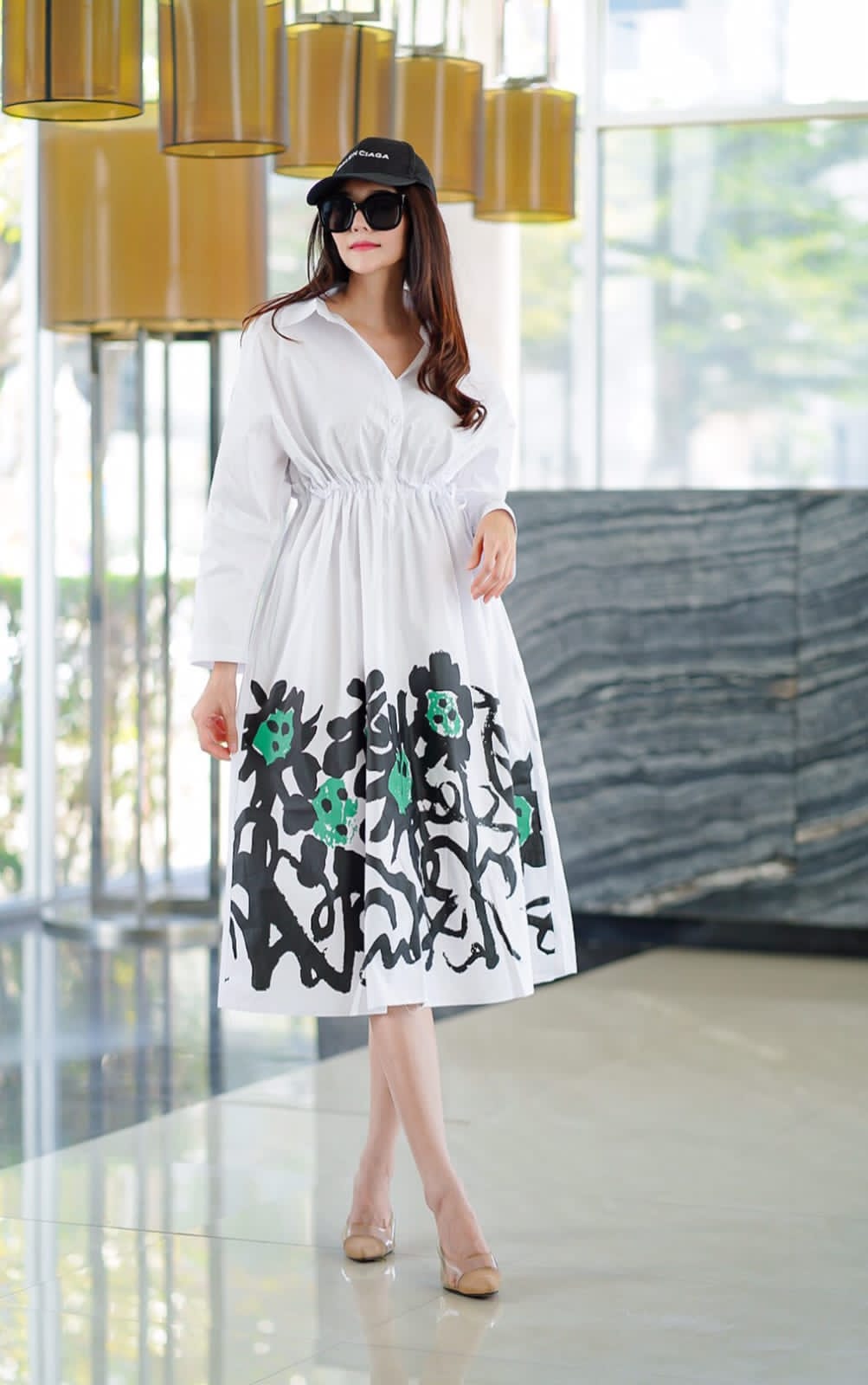 White Minimalist Botanical Print Tunic Dress