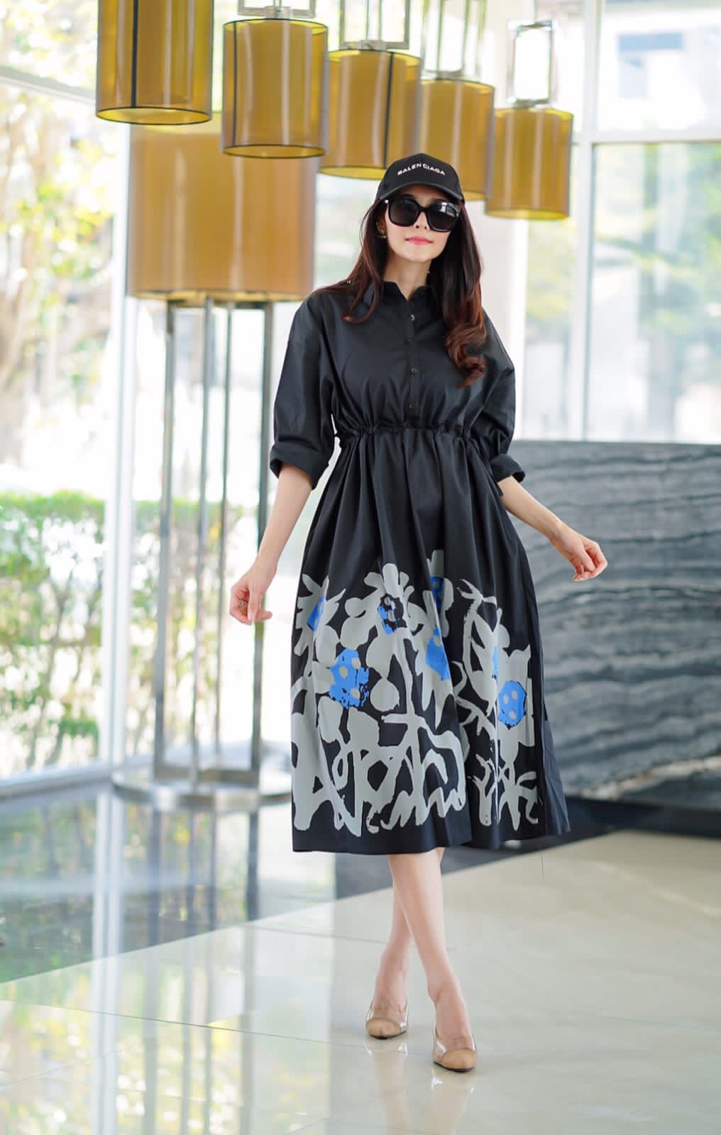 Black Minimalist Botanical Print Tunic Dress