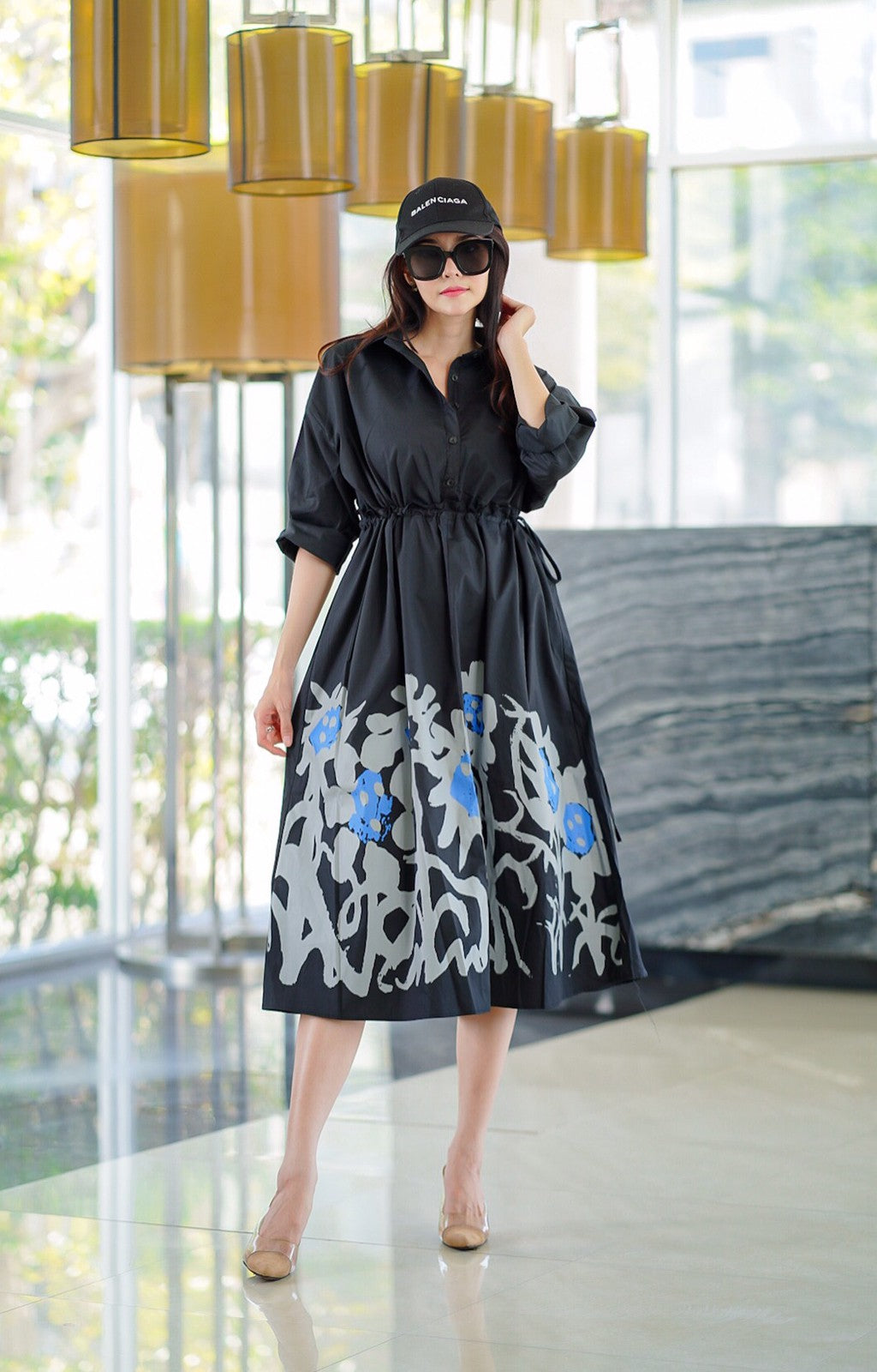 Black Minimalist Botanical Print Tunic Dress