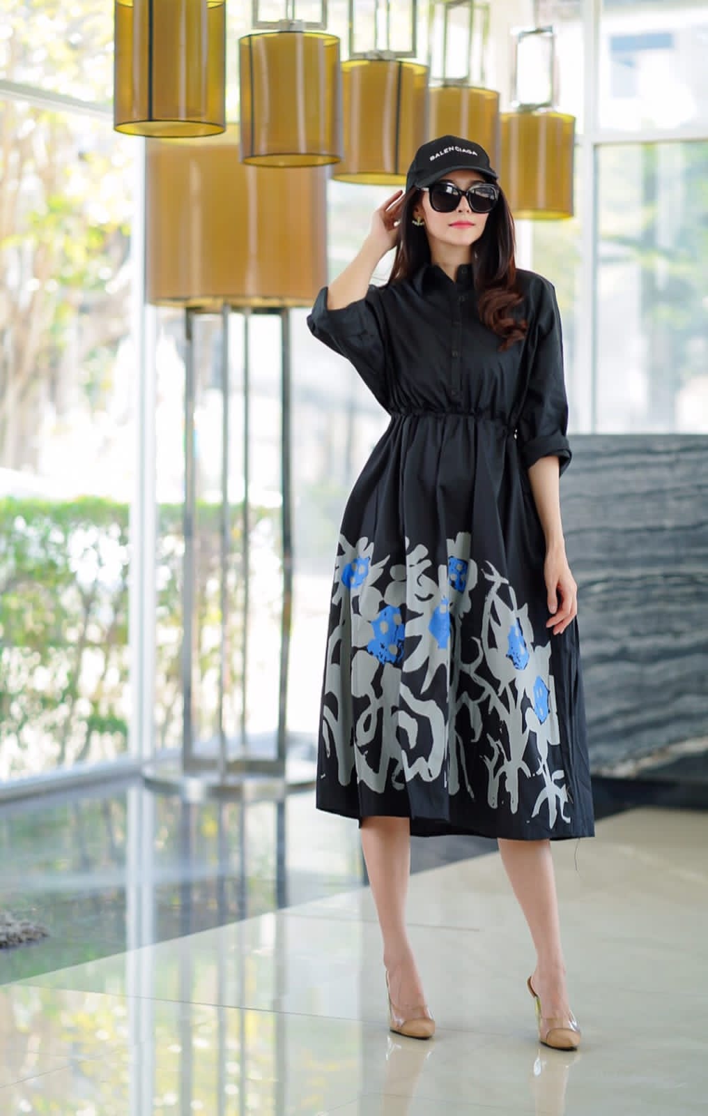 Black Minimalist Botanical Print Tunic Dress